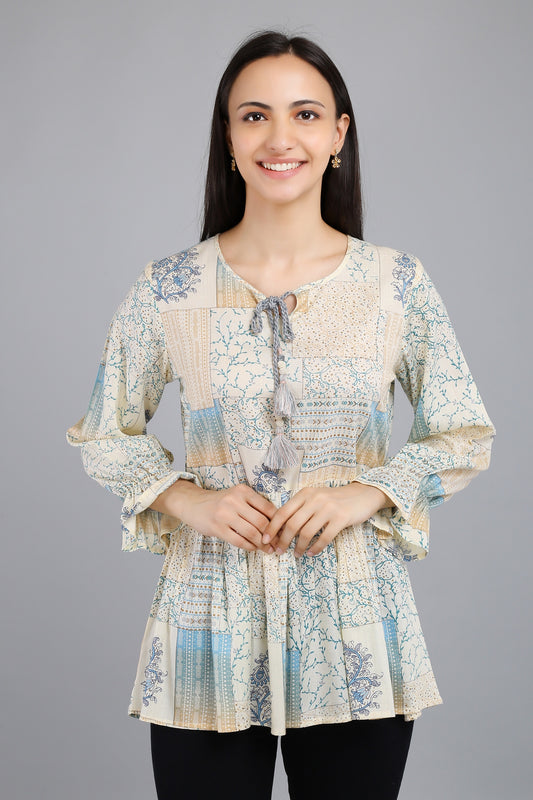 VAPPS Printed Cotton Flared Tie-Up Neck Tunic -  Blue