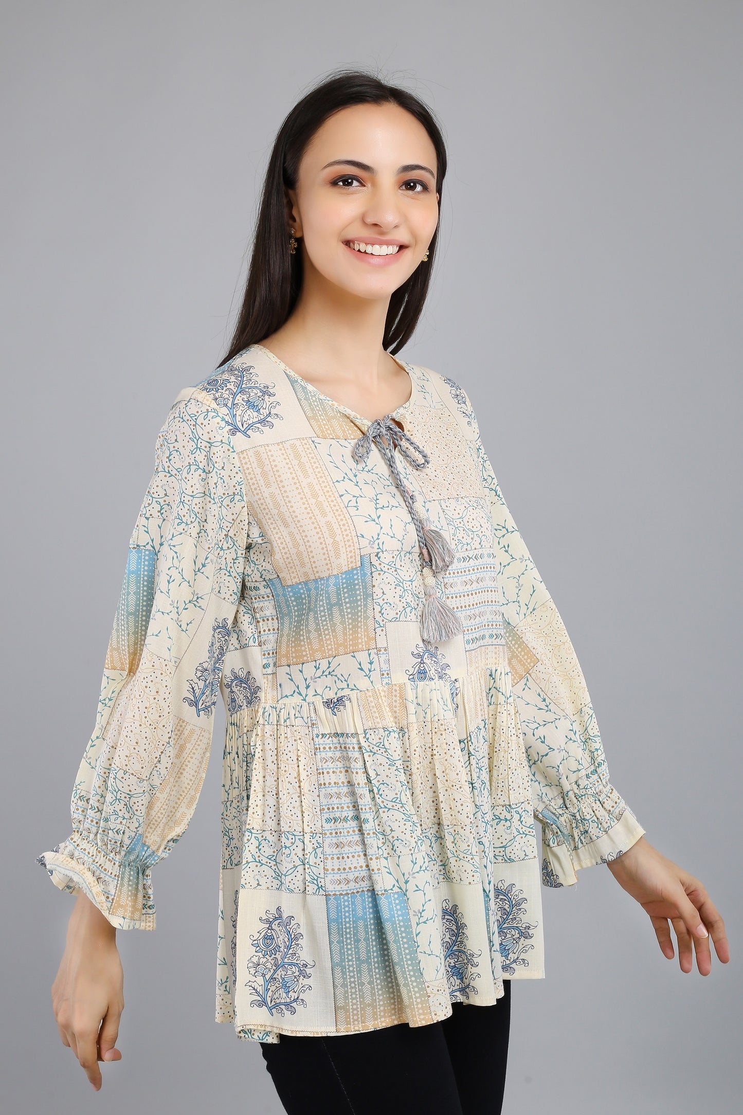 VAPPS Printed Cotton Flared Tie-Up Neck Tunic -  Blue