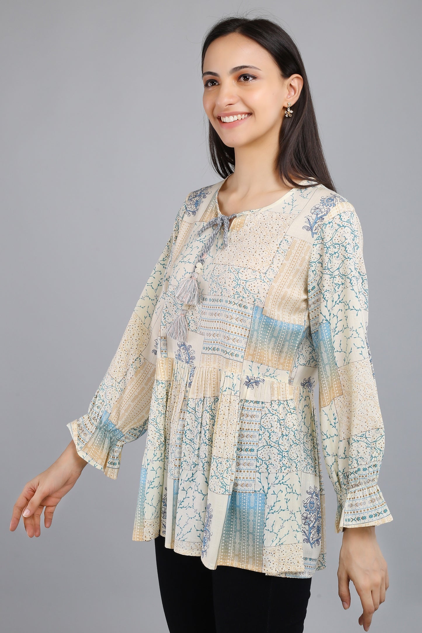 VAPPS Printed Cotton Flared Tie-Up Neck Tunic -  Blue