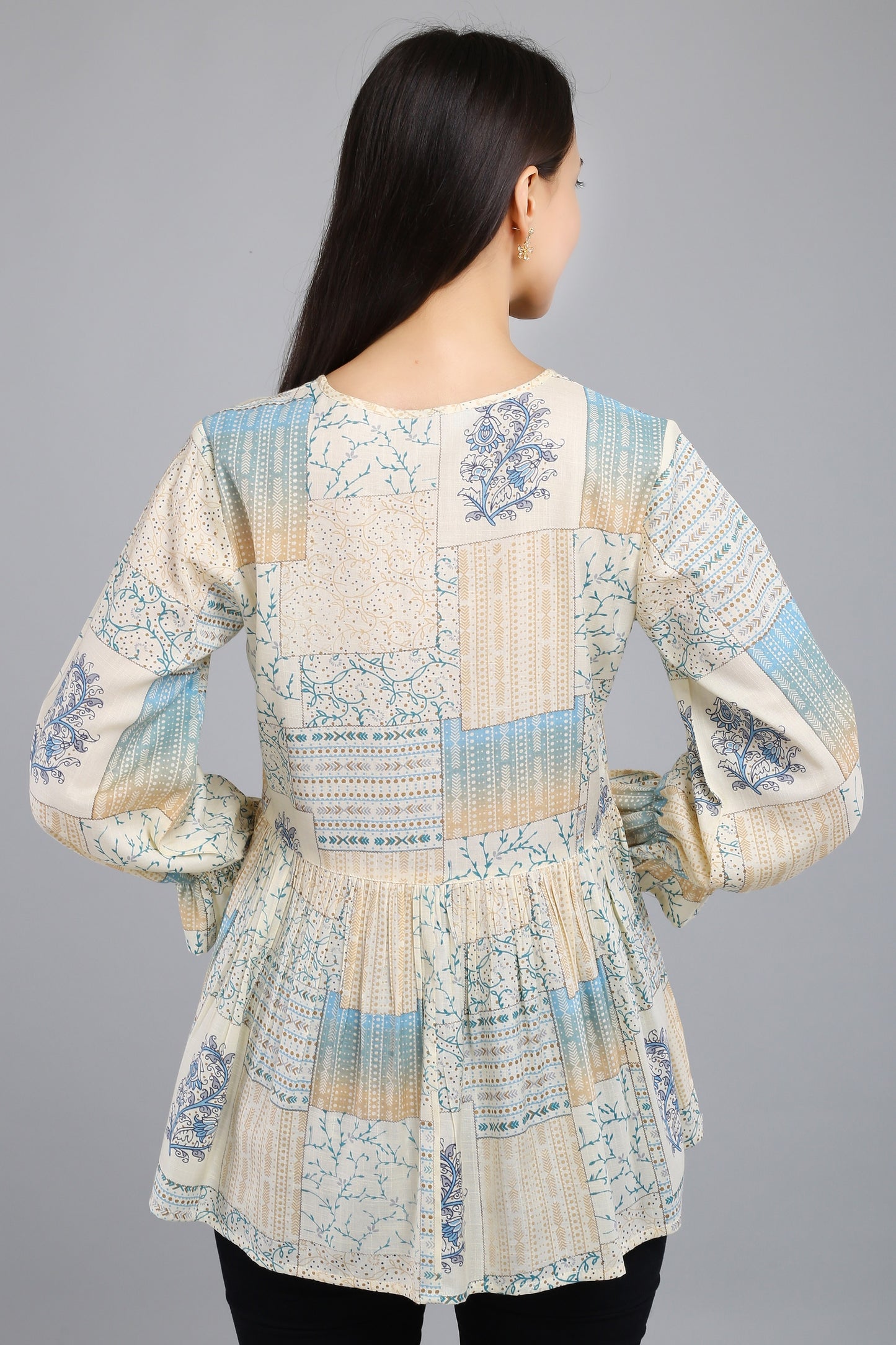 VAPPS Printed Cotton Flared Tie-Up Neck Tunic -  Blue