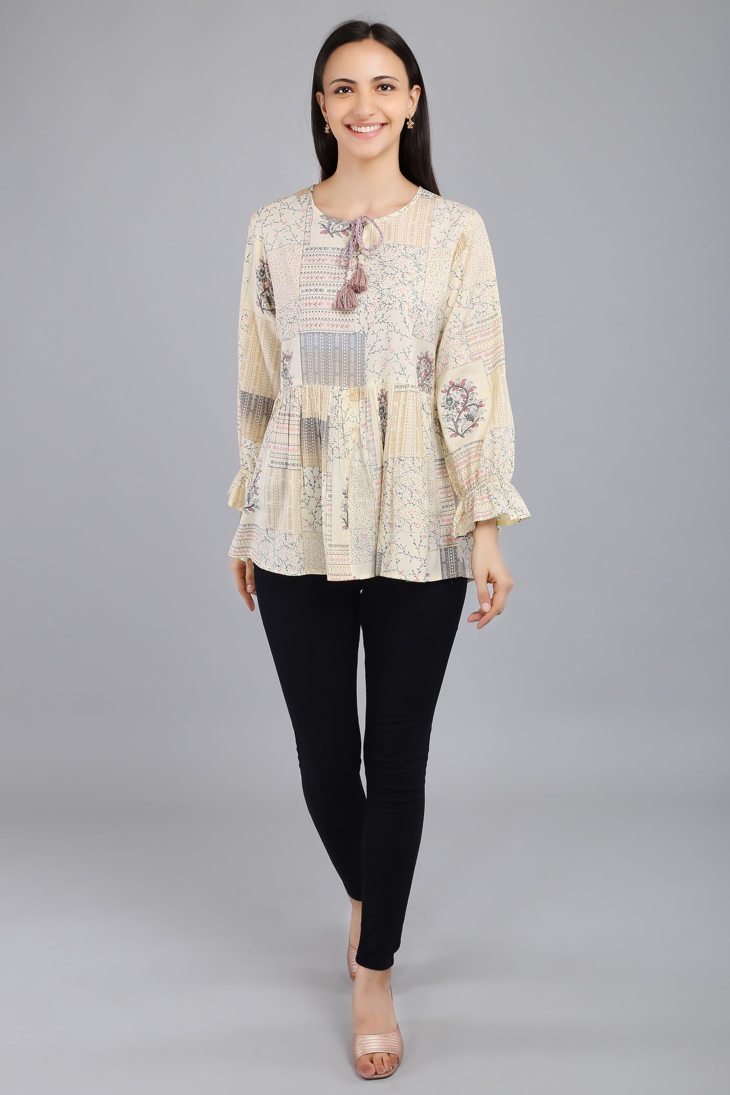 VAPPS Printed Cotton Flared Tie-Up Neck Tunic -  Grey