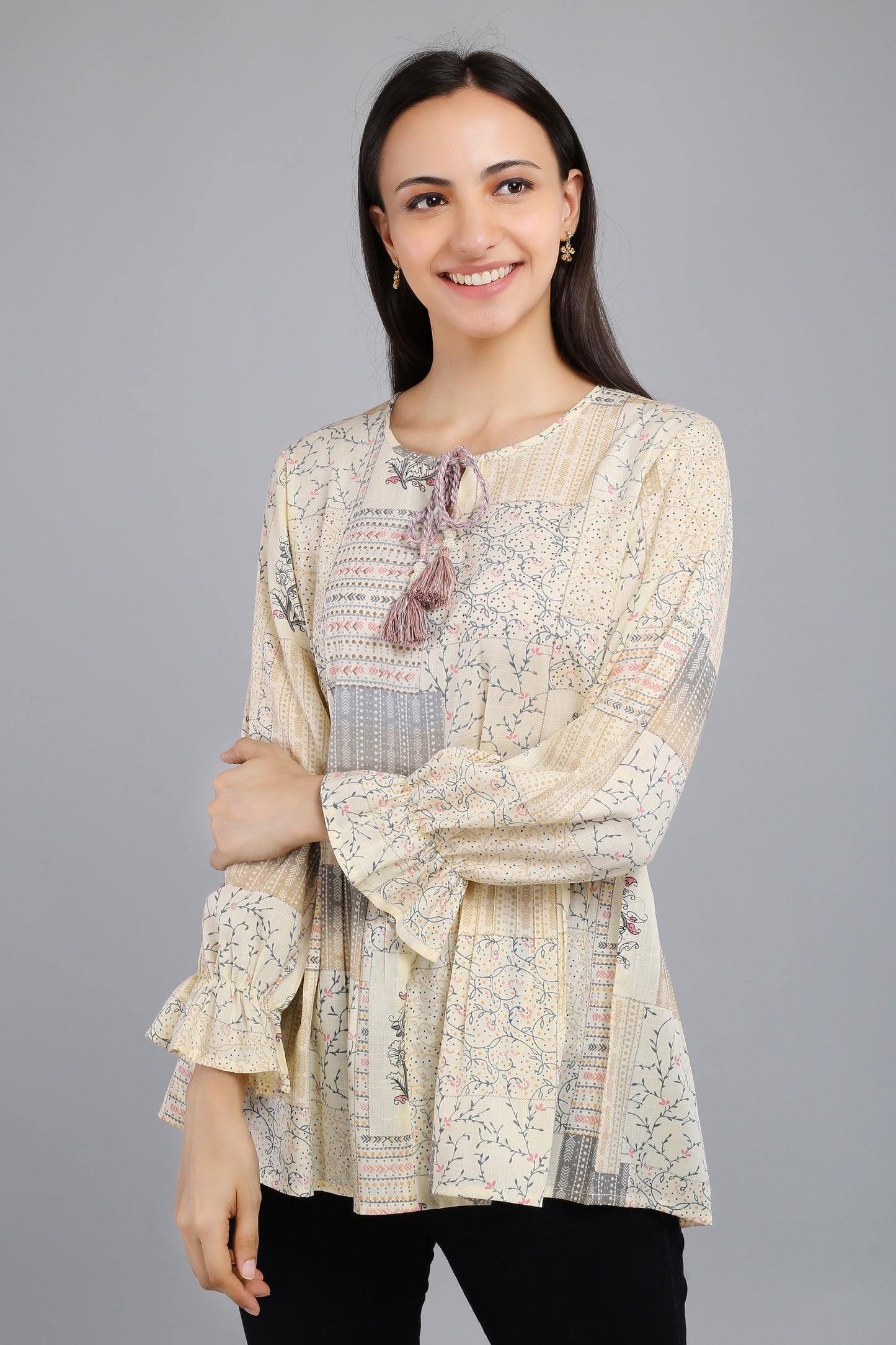 VAPPS Printed Cotton Flared Tie-Up Neck Tunic -  Grey