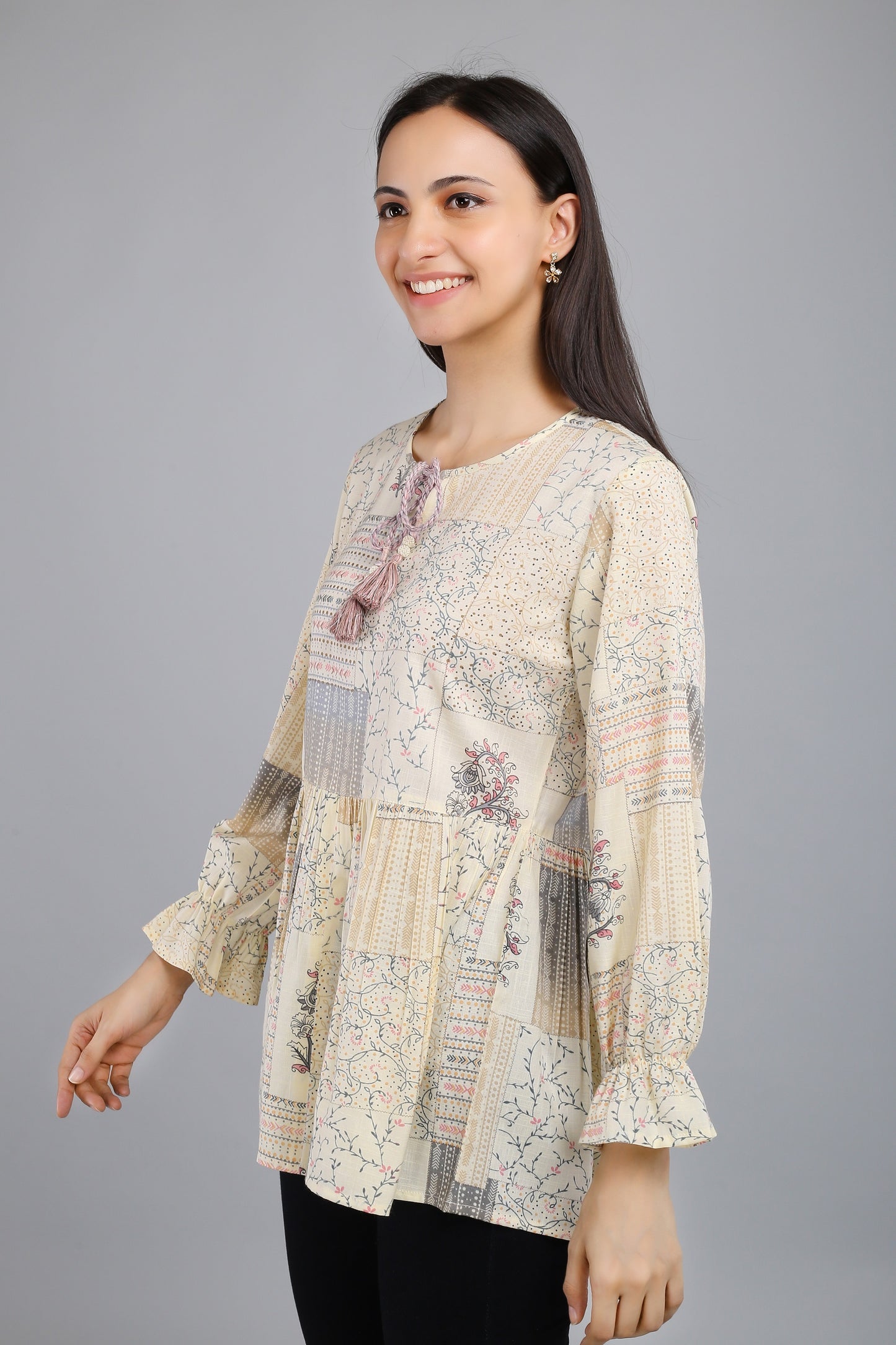 VAPPS Printed Cotton Flared Tie-Up Neck Tunic -  Grey