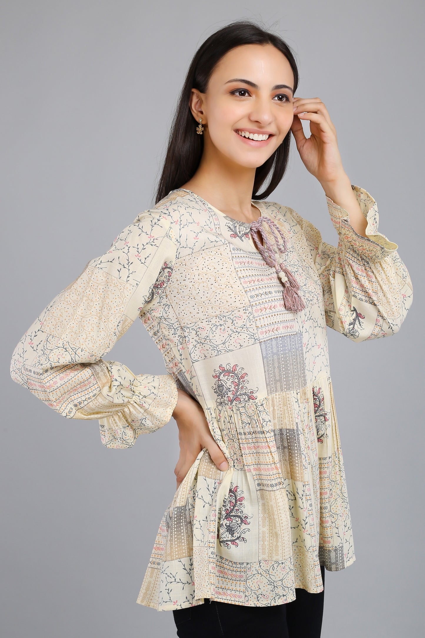 VAPPS Printed Cotton Flared Tie-Up Neck Tunic -  Grey