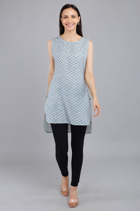 VAPPS Cotton Zig Zag Print Sleeveless Tunic -  Sky Blue