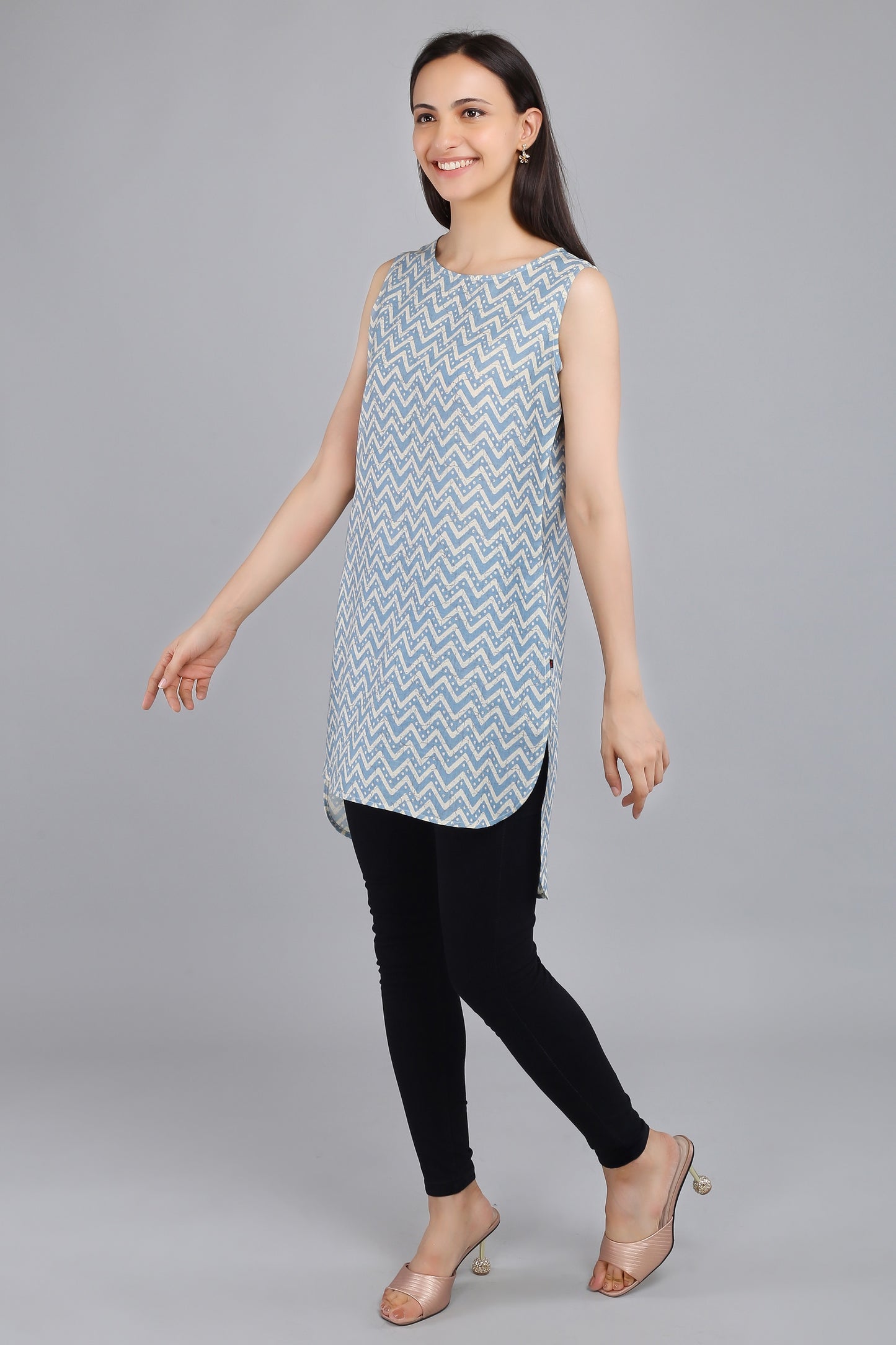 VAPPS Cotton Zig Zag Print Sleeveless Tunic -  Sky Blue