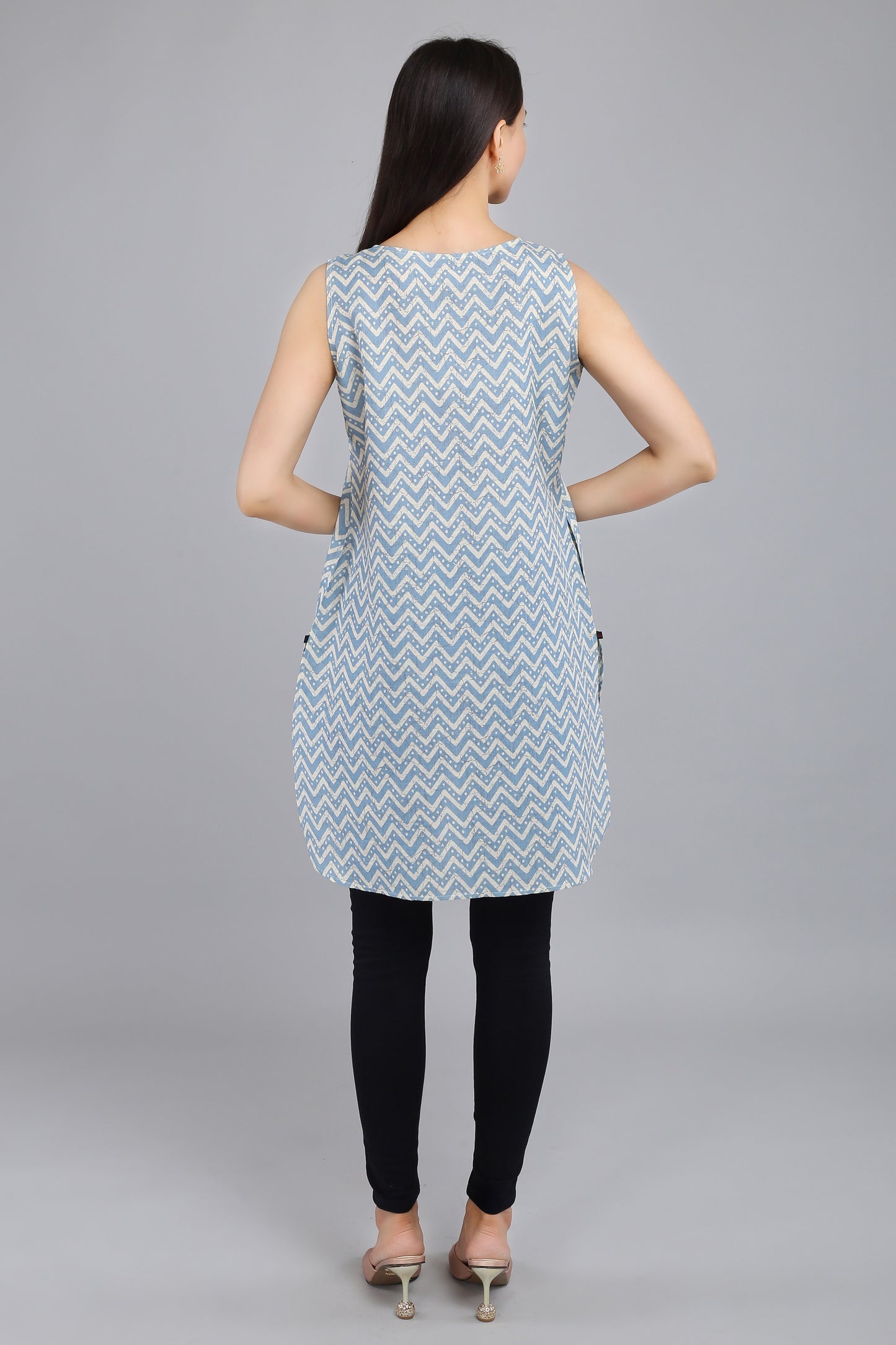 VAPPS Cotton Zig Zag Print Sleeveless Tunic -  Sky Blue