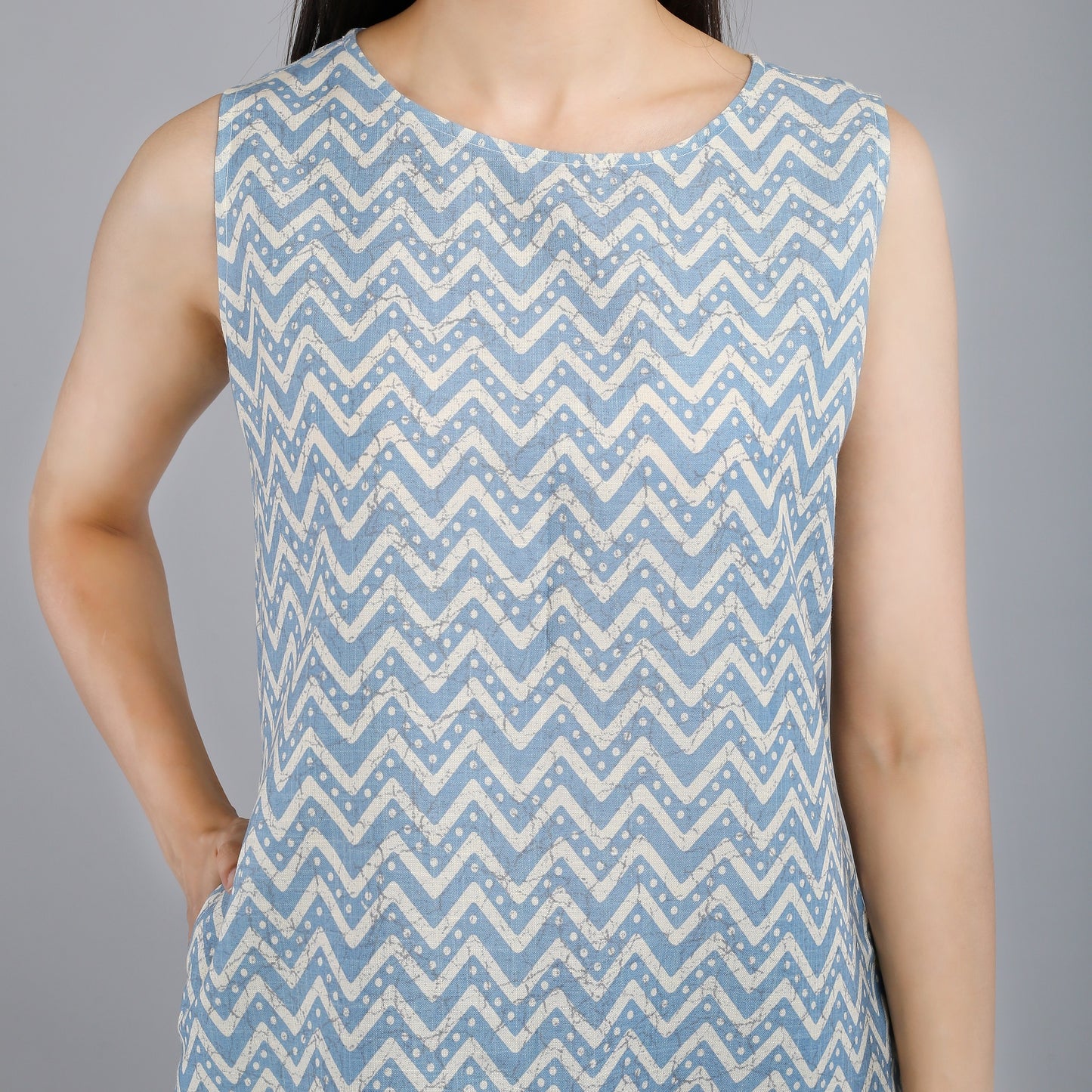 VAPPS Cotton Zig Zag Print Sleeveless Tunic -  Sky Blue