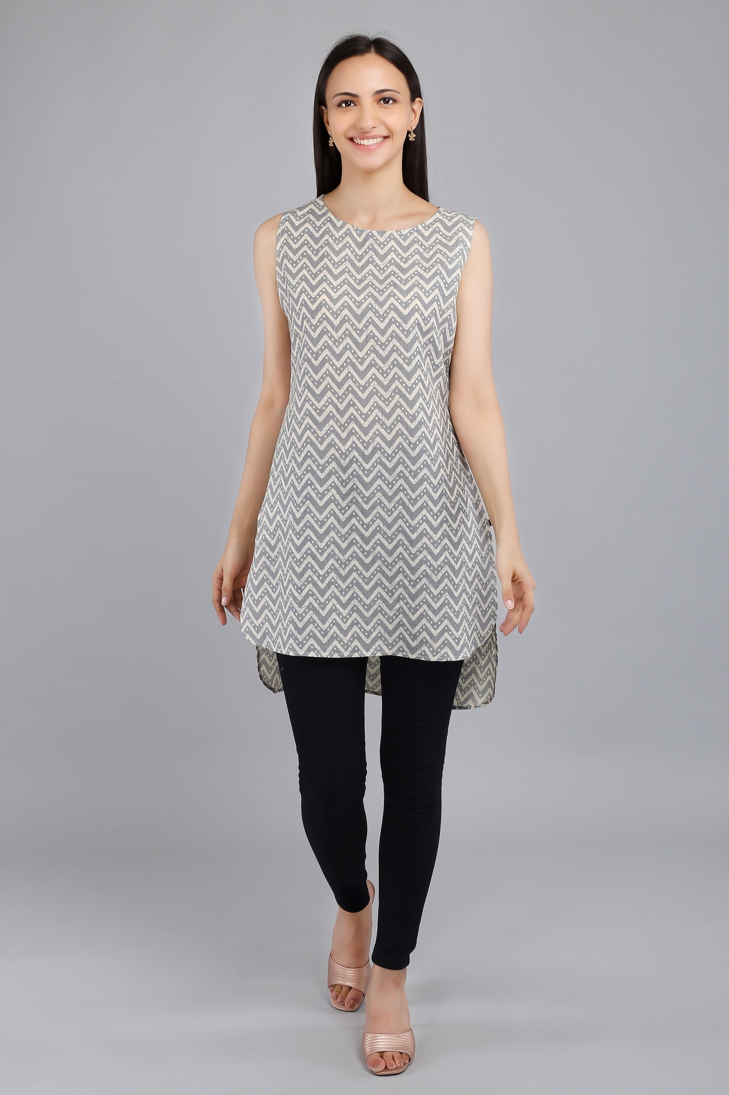 VAPPS Cotton Zig Zag Print Sleeveless Tunic -  Grey