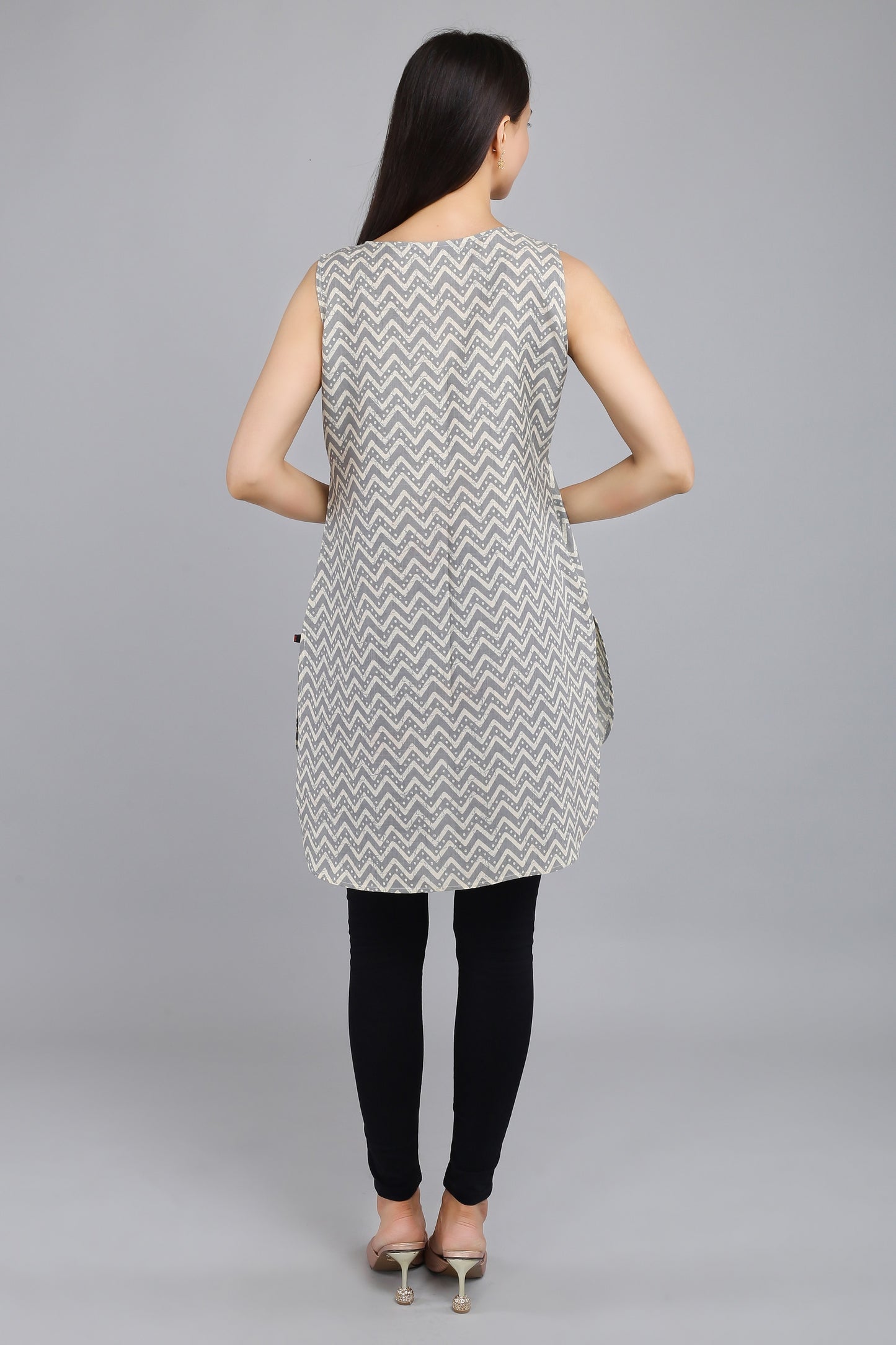 VAPPS Cotton Zig Zag Print Sleeveless Tunic -  Grey