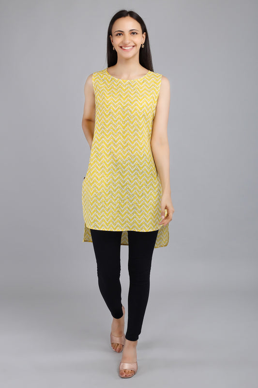 VAPPS Cotton Zig Zag Print Sleeveless Tunic -  Yellow