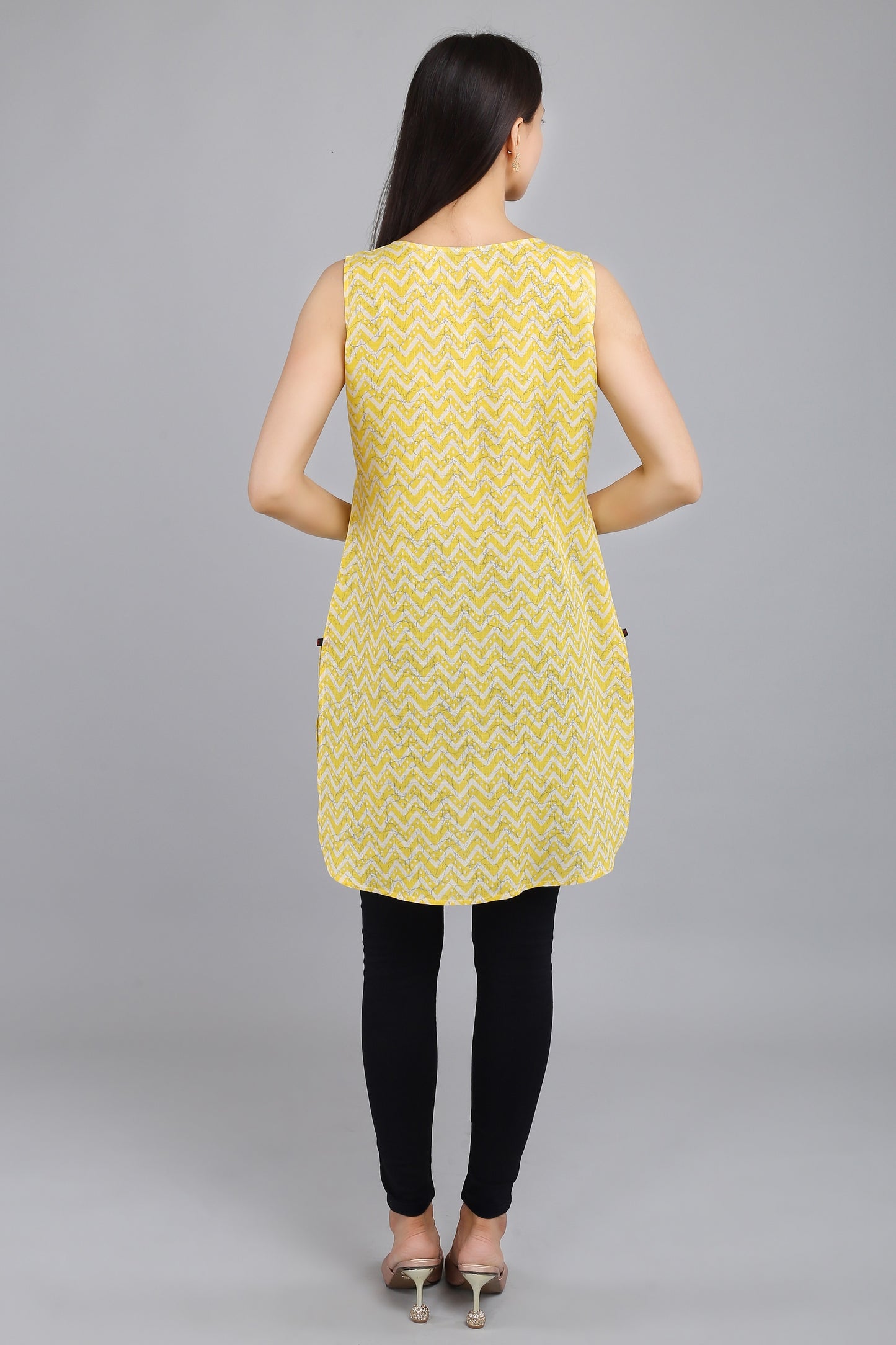 VAPPS Cotton Zig Zag Print Sleeveless Tunic -  Yellow