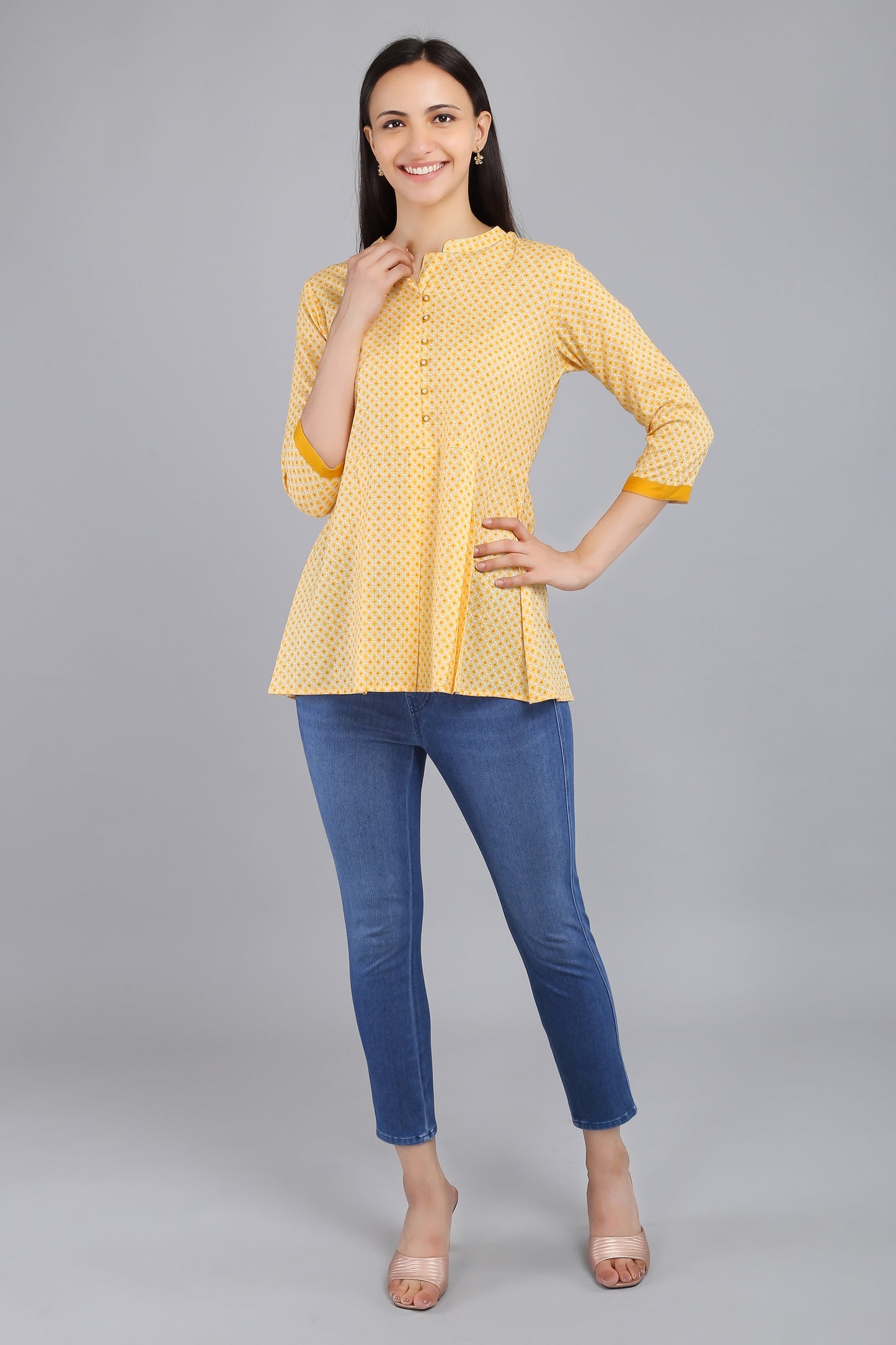 VAPPS Printed Cotton Flared Tunic -  Yellow