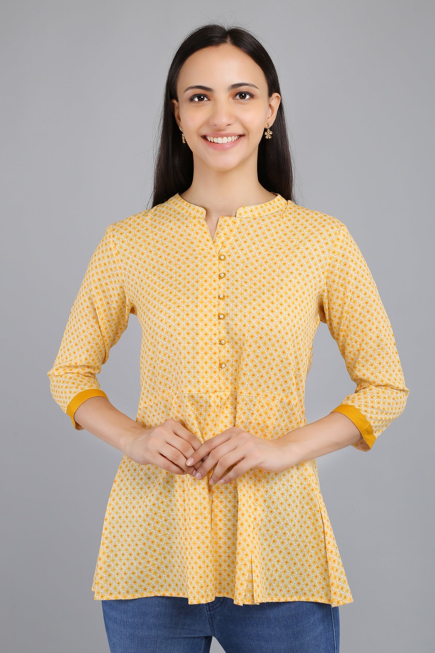 VAPPS Printed Cotton Flared Tunic -  Yellow