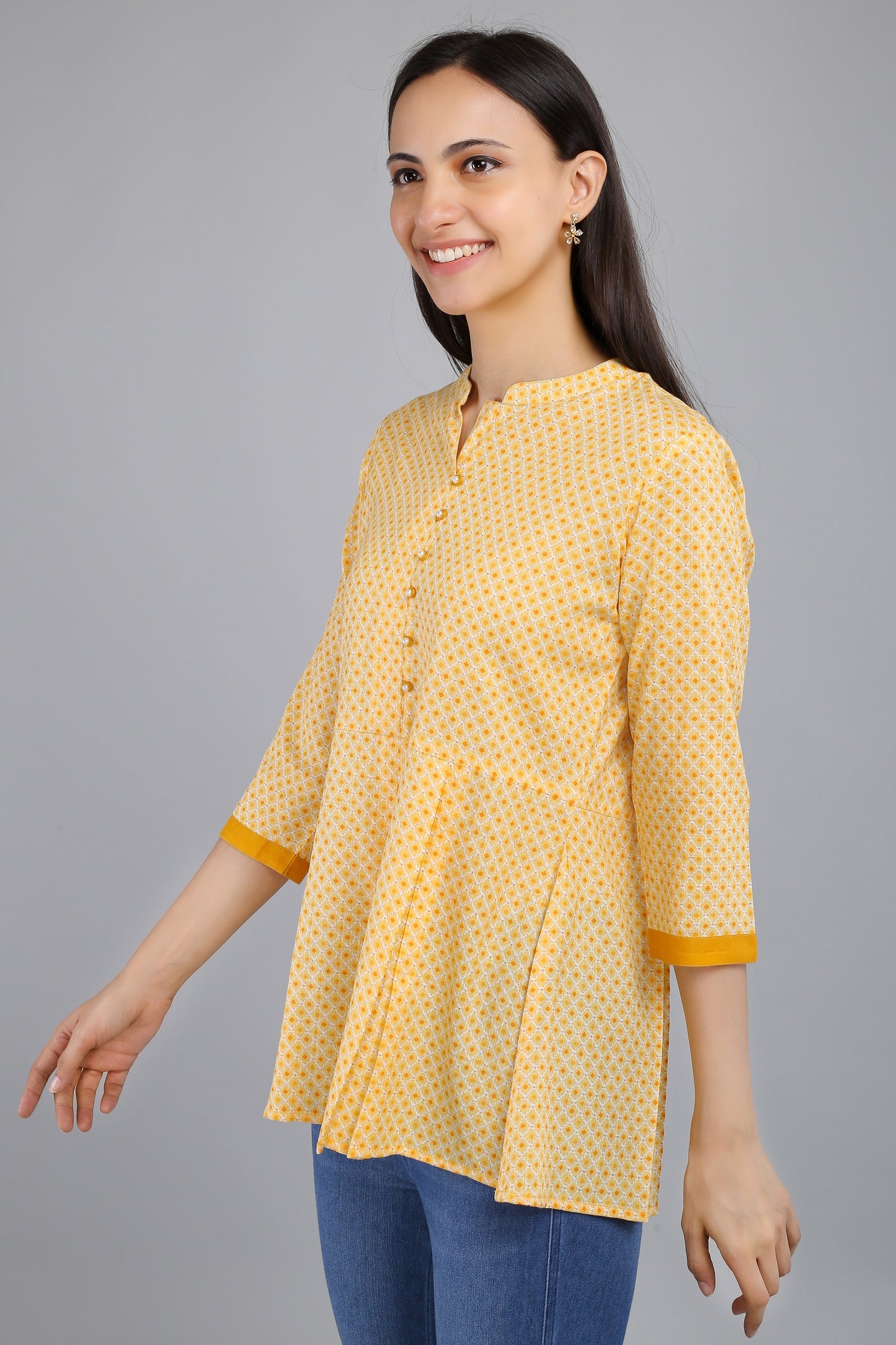 VAPPS Printed Cotton Flared Tunic -  Yellow