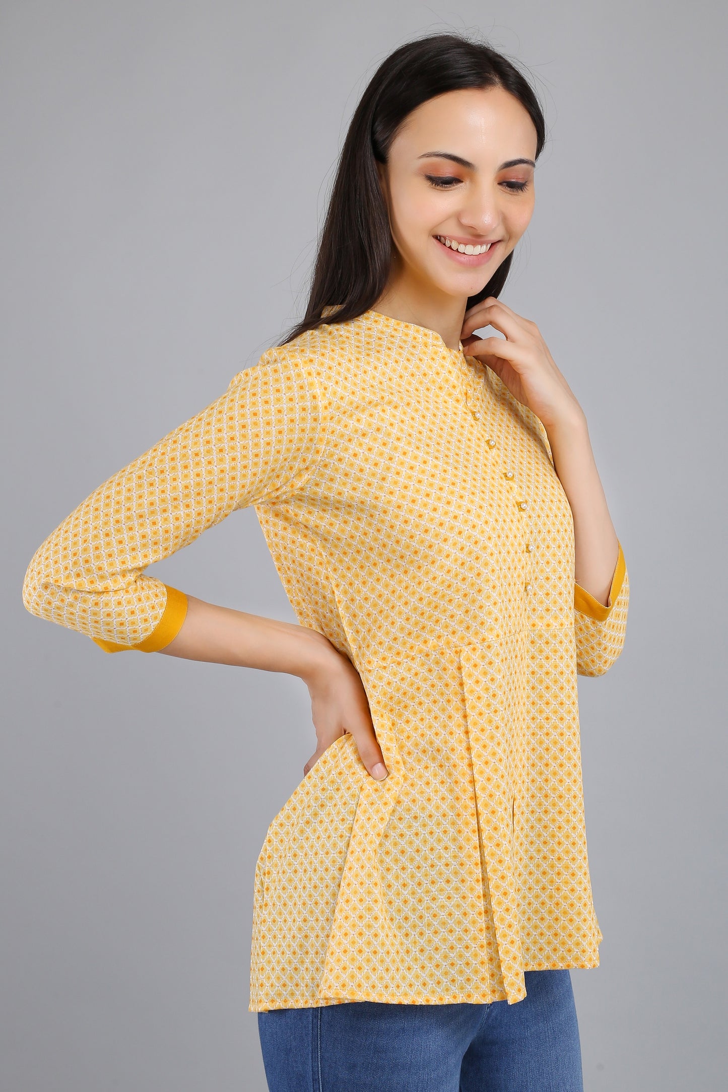 VAPPS Printed Cotton Flared Tunic -  Yellow