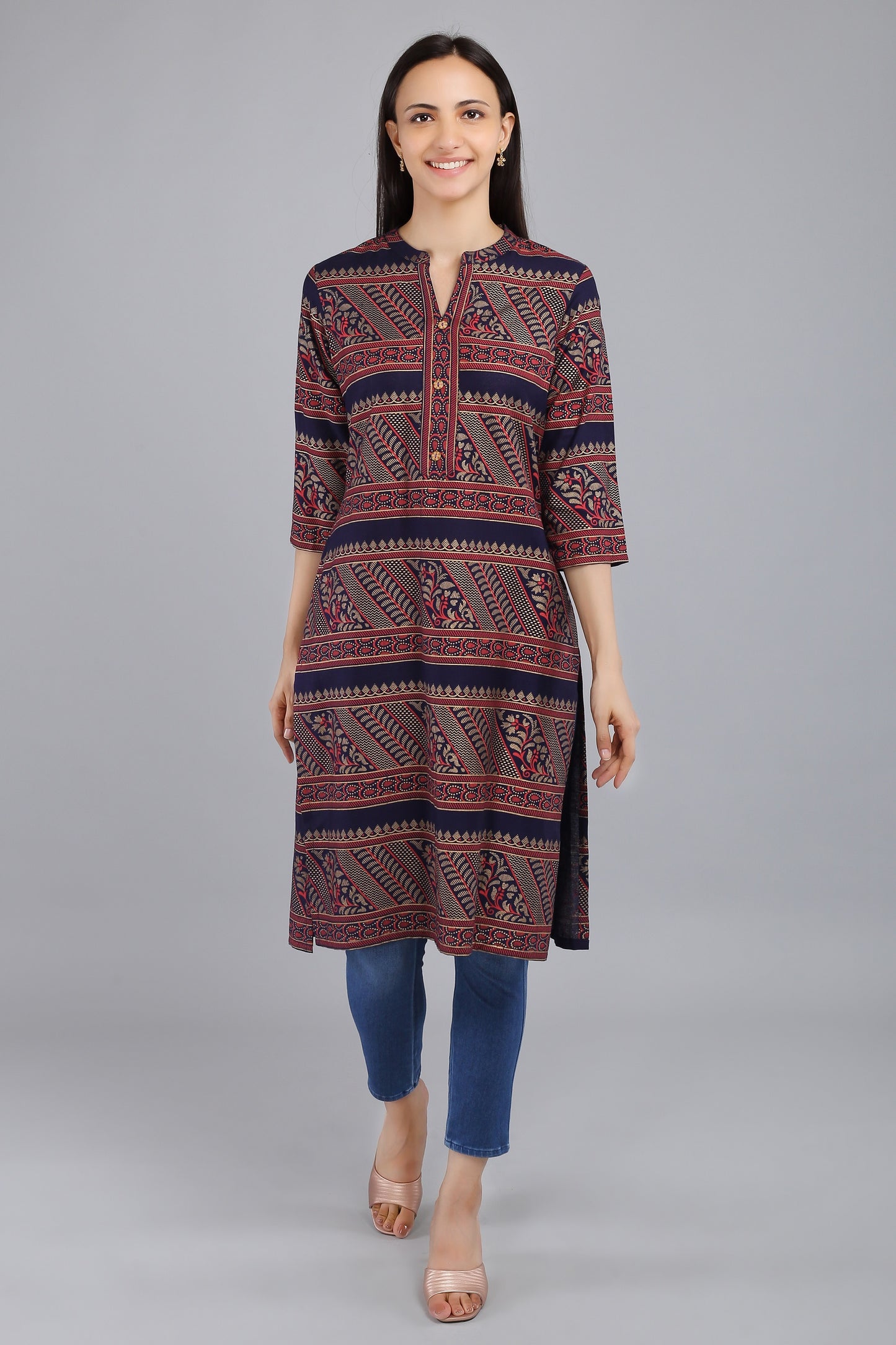 VAPPS Cotton Printed Kurta -  Navy Blue