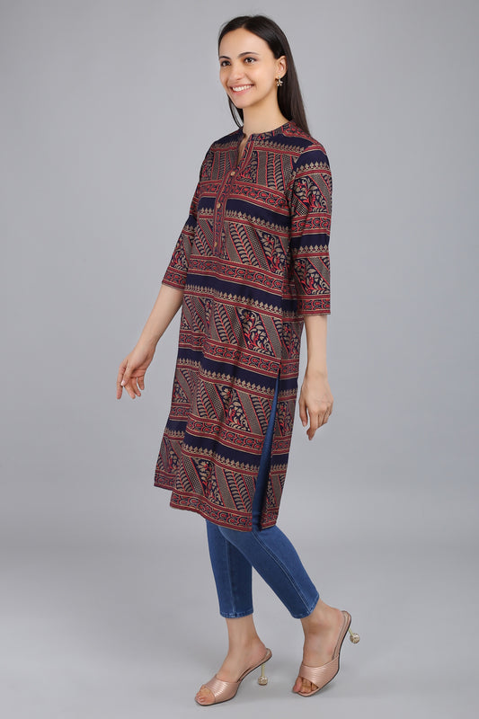 VAPPS Cotton Printed Kurta -  Navy Blue