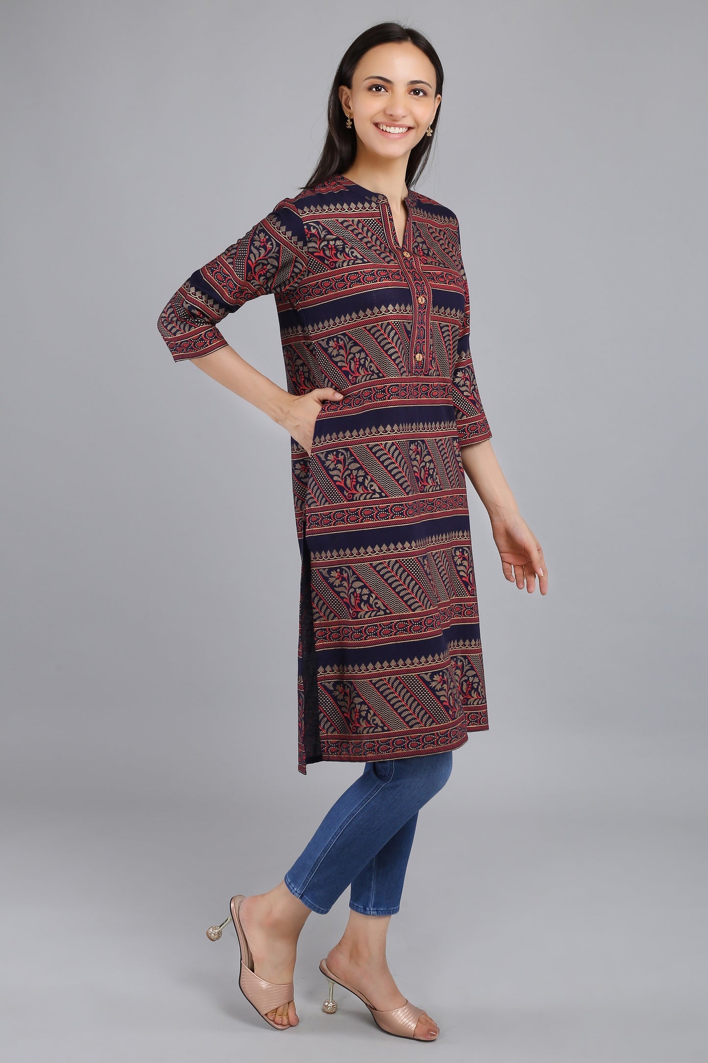 VAPPS Cotton Printed Kurta -  Navy Blue