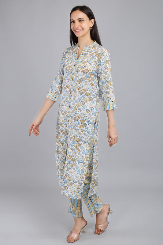 VAPPS Printed Cotton Kurta and Pant Set -  Blue