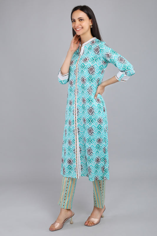 VAPPS Printed Cotton Kurta and Pant Set -  Green