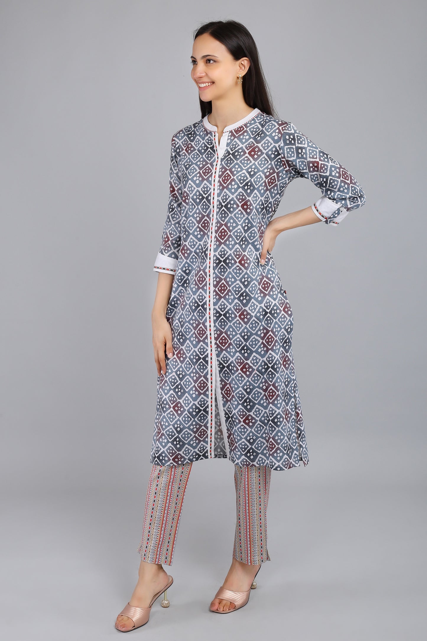 VAPPS Printed Cotton Kurta and Pant Set -  Grey