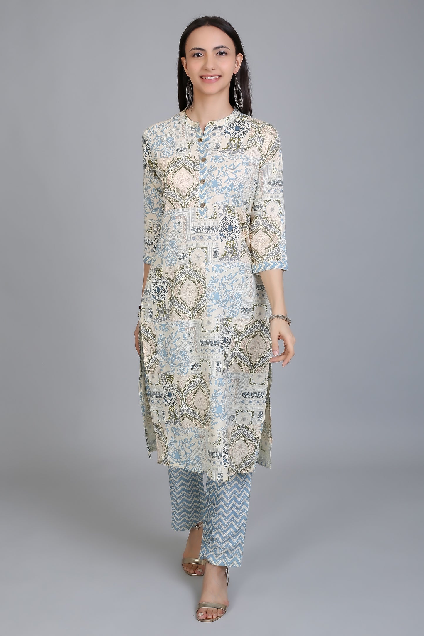 VAPPS Printed Cotton Mandarin Women's Knee Length Kurti with Pants Set - Blue