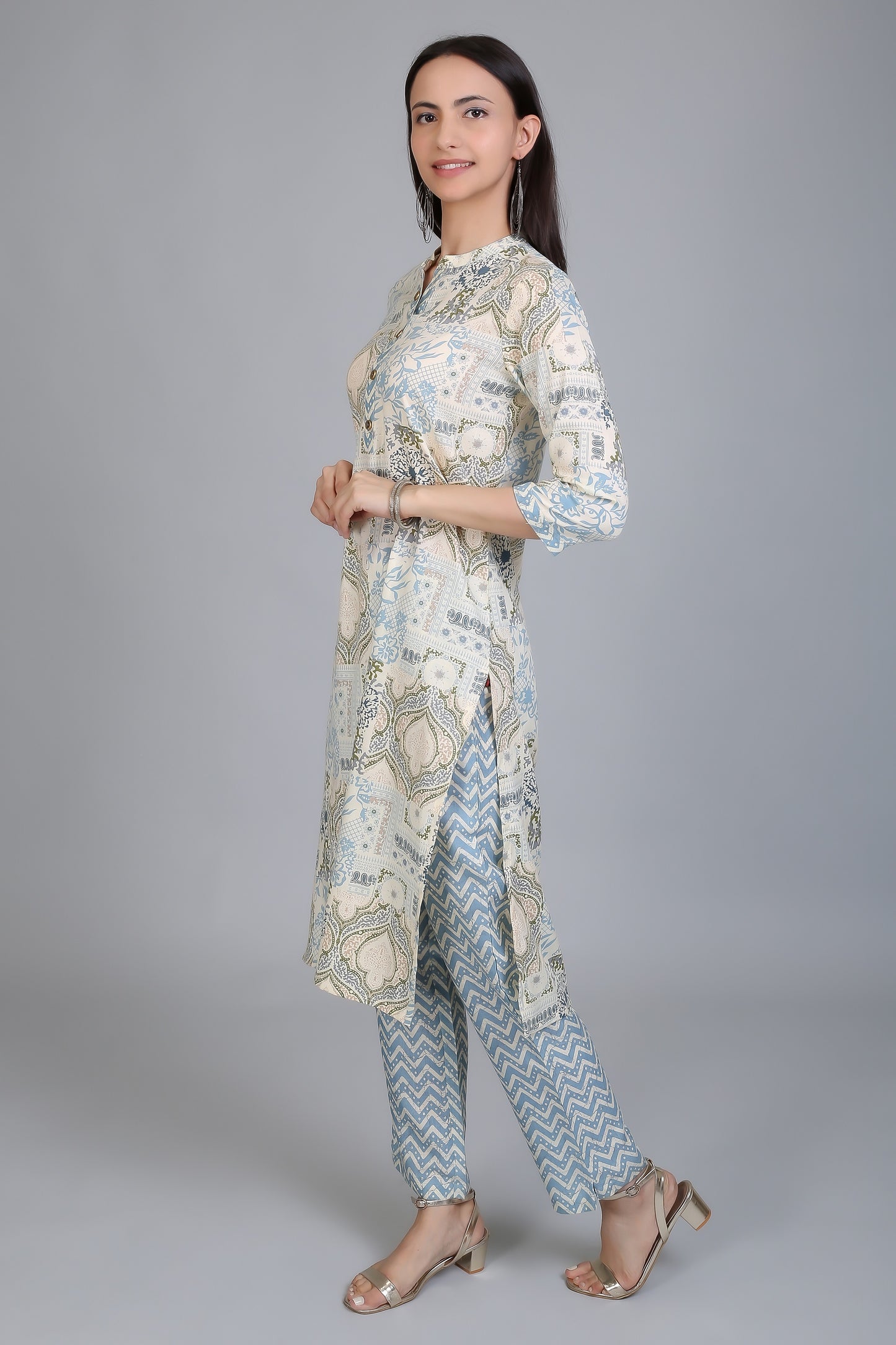 VAPPS Printed Cotton Mandarin Women's Knee Length Kurti with Pants Set - Blue