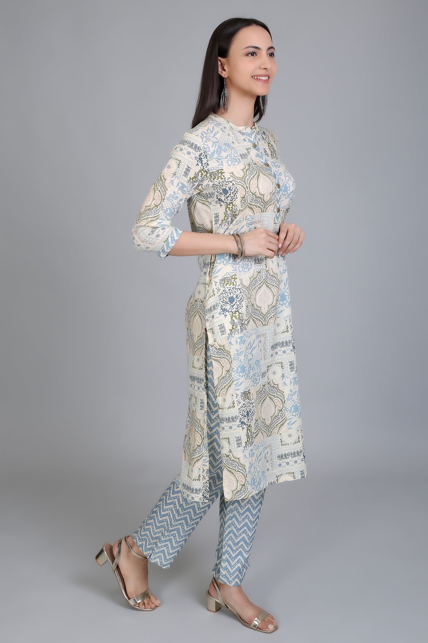 VAPPS Printed Cotton Mandarin Women's Knee Length Kurti with Pants Set - Blue