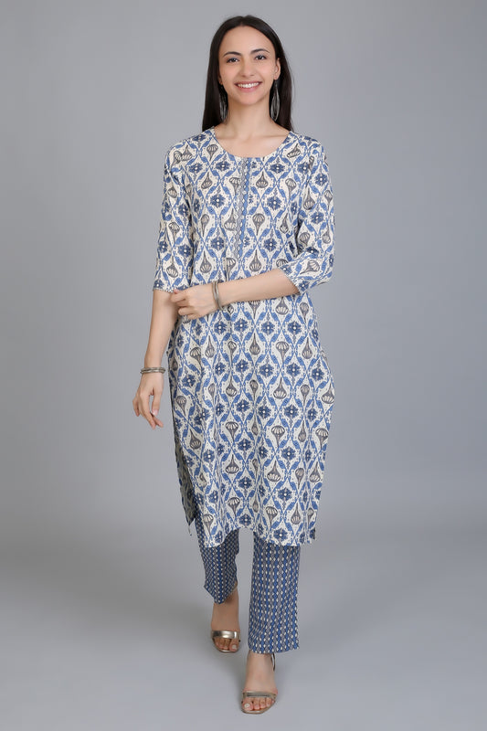 VAPPS Printed Cotton Kurta and Pant Set for Women and Girls - Blue