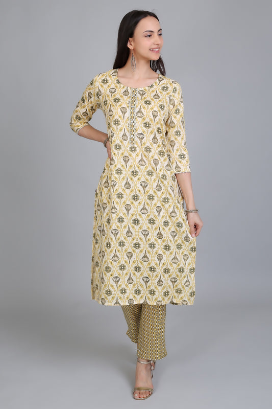 VAPPS Printed Cotton Kurta and Pant Set for Women and Girls - Mehandi