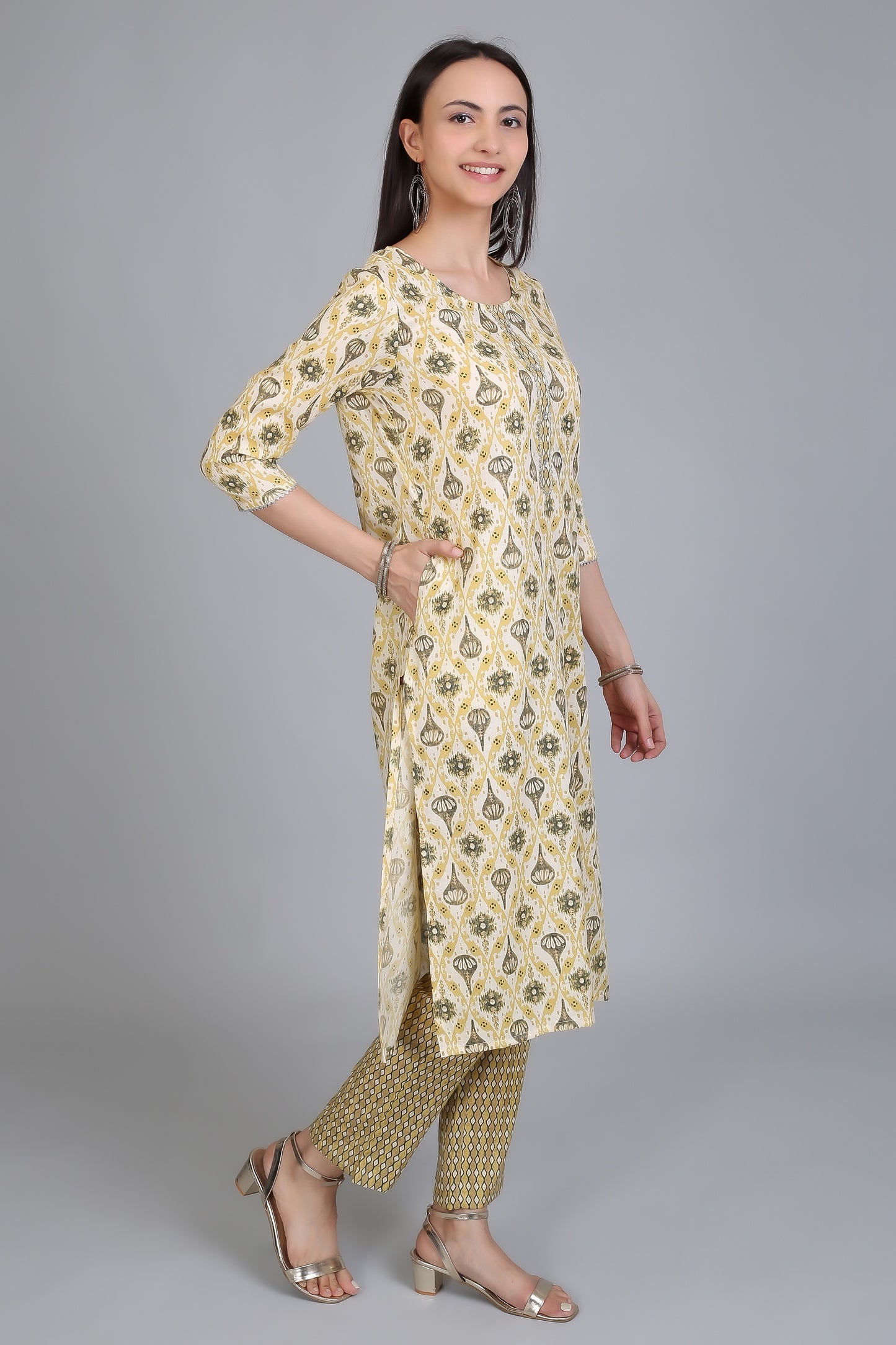 VAPPS Printed Cotton Kurta and Pant Set for Women and Girls - Mehandi