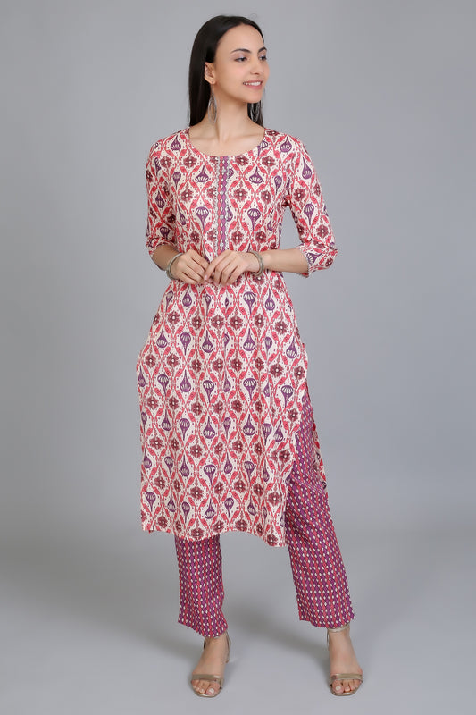 VAPPS Printed Cotton Kurta and Pant Set for Women and Girls - Pink