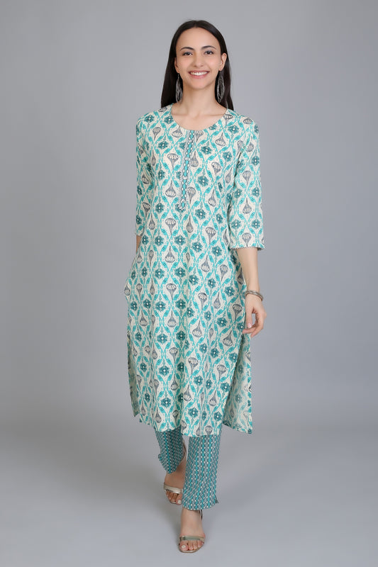 VAPPS Printed Cotton Kurta and Pant Set for Women and Girls - Sky Blue