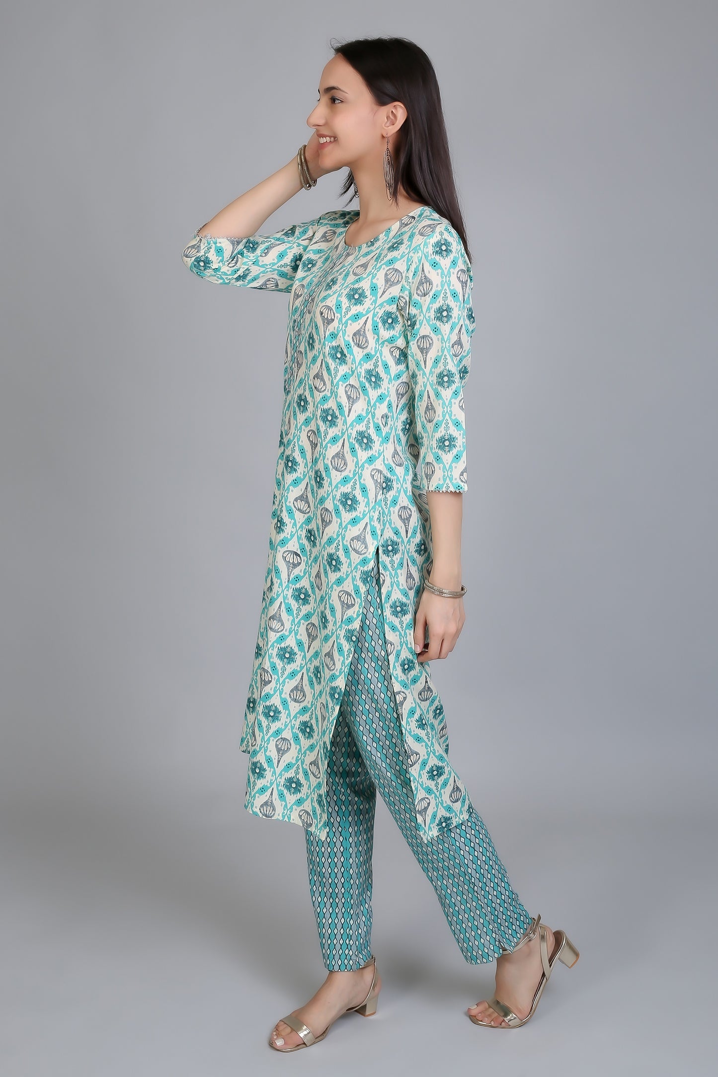 VAPPS Printed Cotton Kurta and Pant Set for Women and Girls - Sky Blue