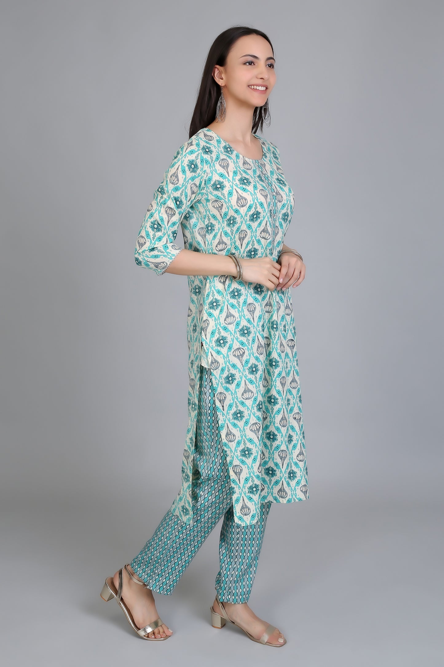 VAPPS Printed Cotton Kurta and Pant Set for Women and Girls - Sky Blue