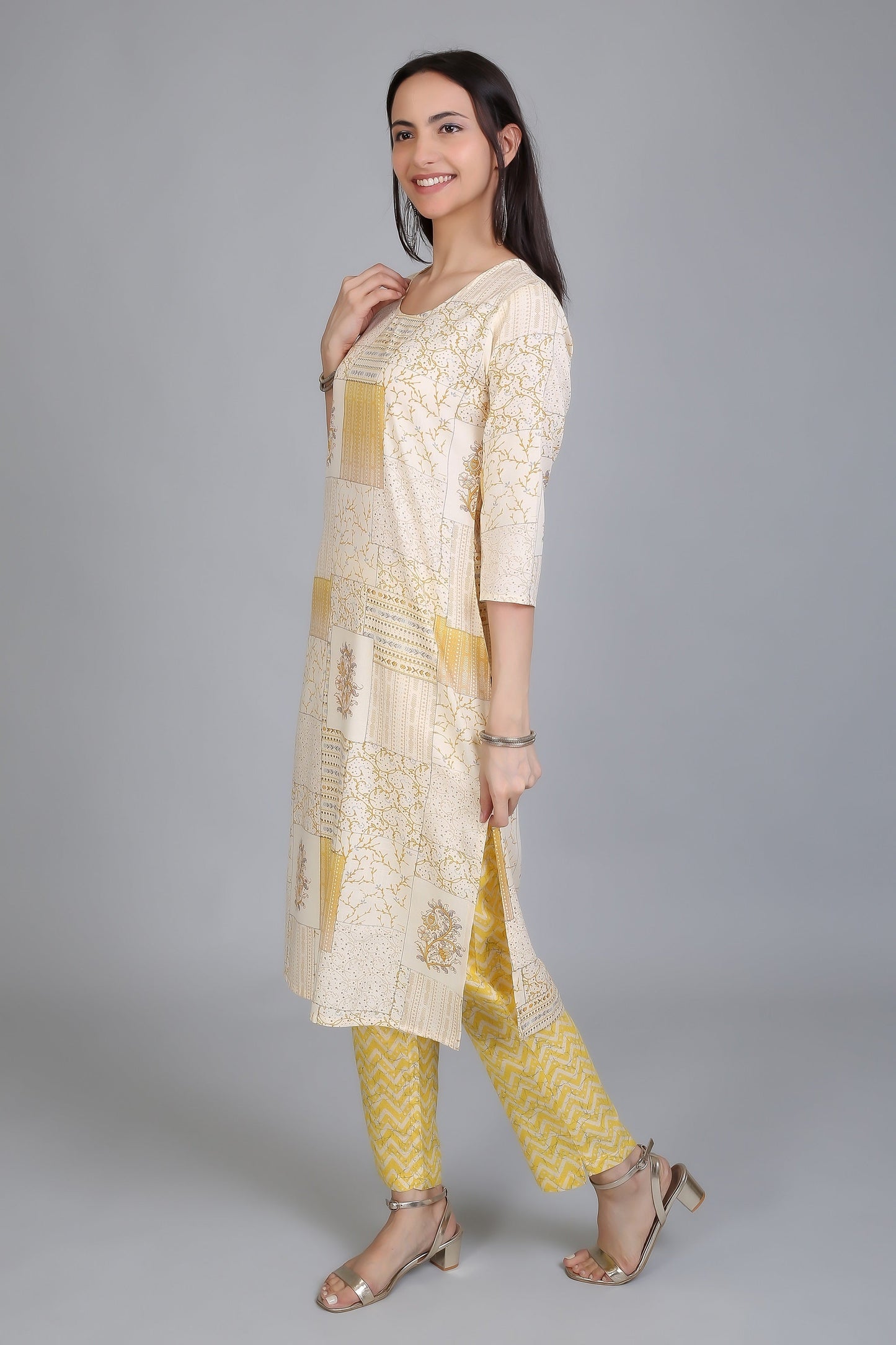 VAPPS Stylish Cotton Printed Kurtas with Pants for Women and Girls -Yellow