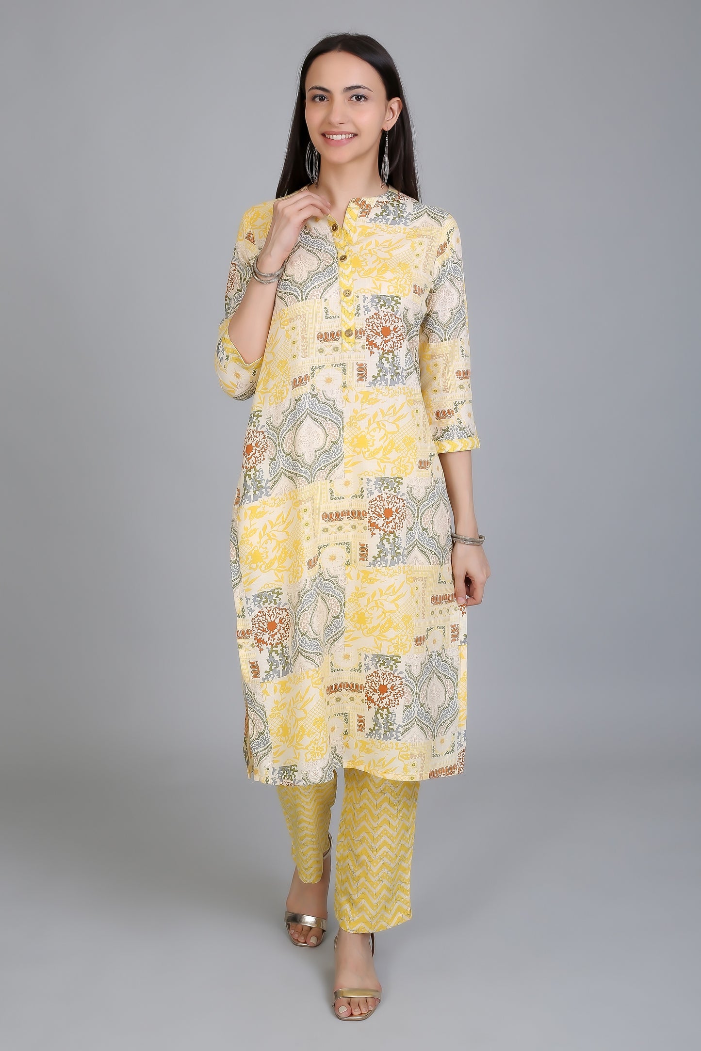 VAPPS Printed Cotton Mandarin Women's Knee Length Kurti with Pants Set - Yellow