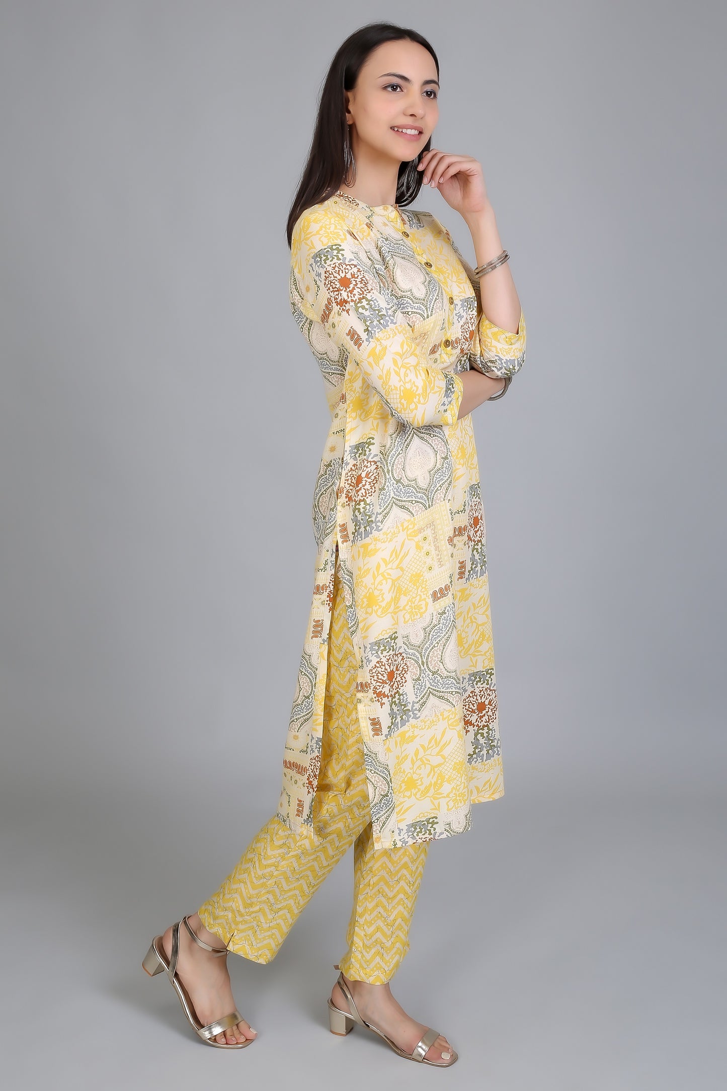 VAPPS Printed Cotton Mandarin Women's Knee Length Kurti with Pants Set - Yellow