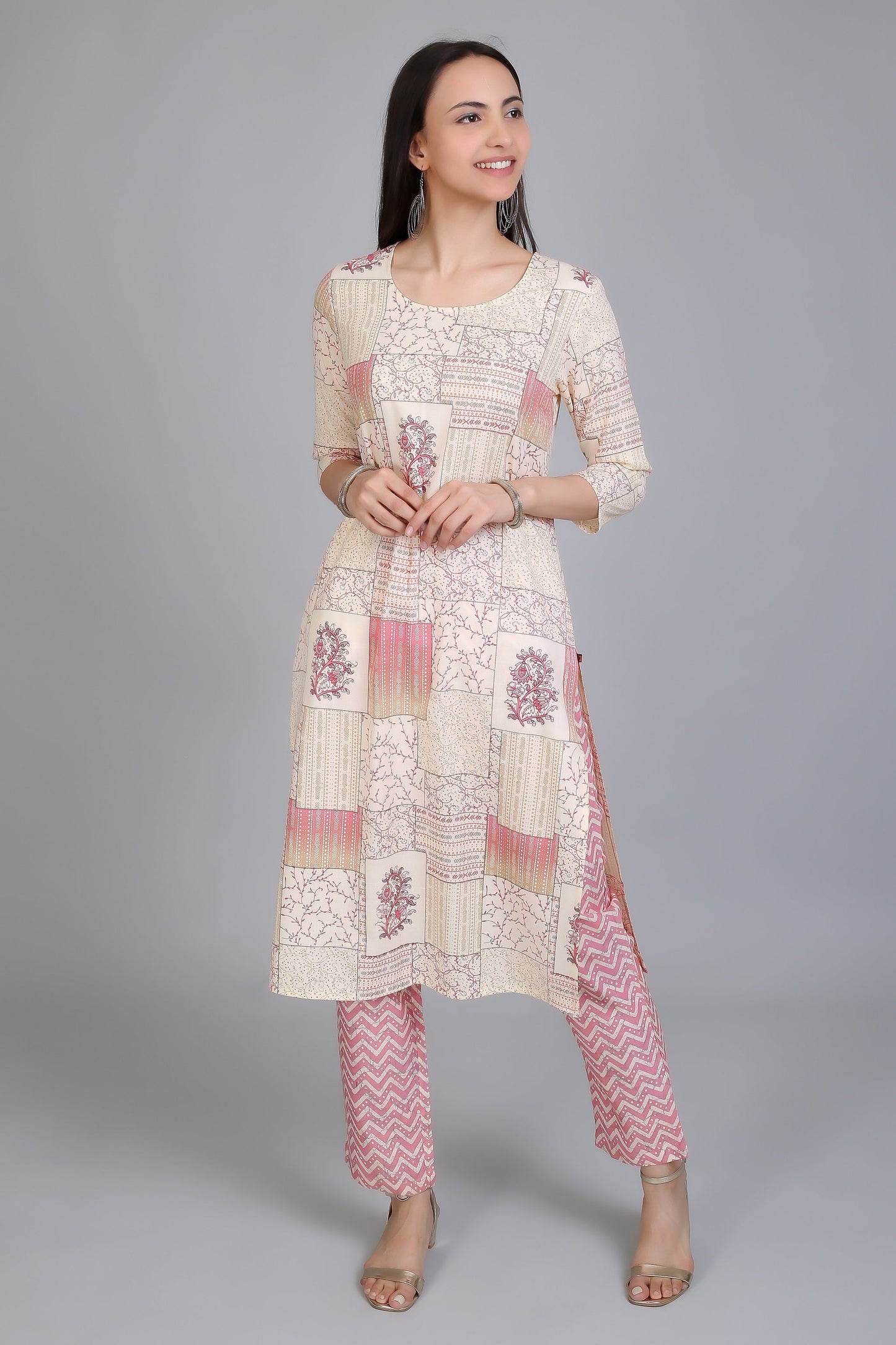 VAPPS Stylish Cotton Printed Kurtas with Pants for Women and Girls - Pink