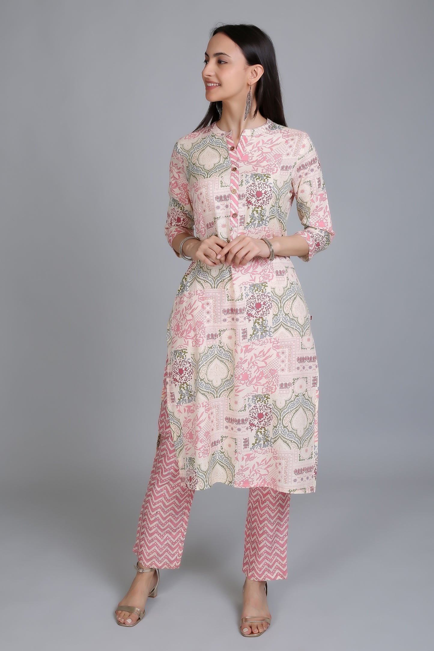 VAPPS Printed Cotton Mandarin Women's Knee Length Kurti with Pants Set -Pink