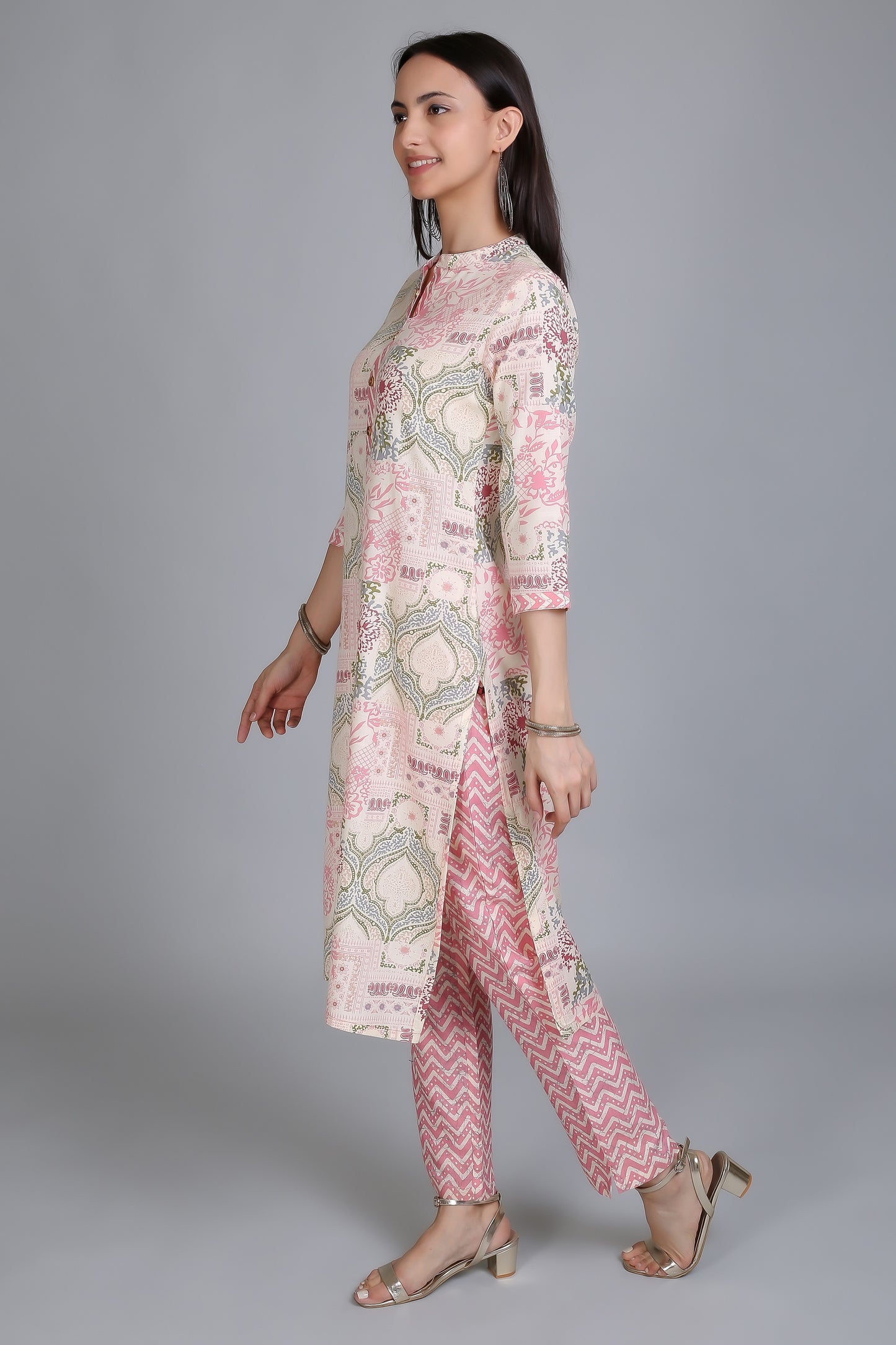 VAPPS Printed Cotton Mandarin Women's Knee Length Kurti with Pants Set -Pink