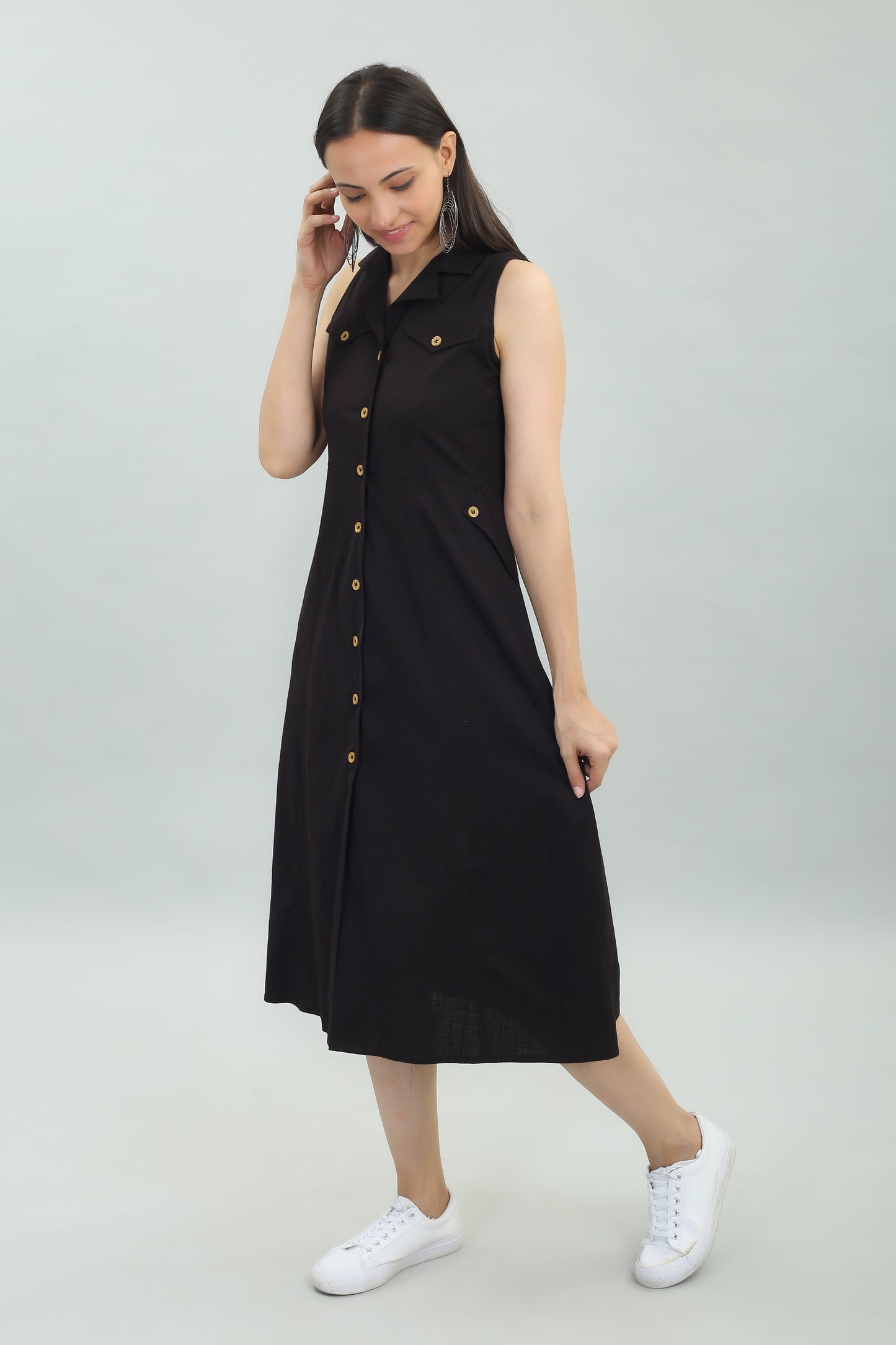 VAPPS Cotton Lycra Casual Wear Designer Long Western Dress -Black