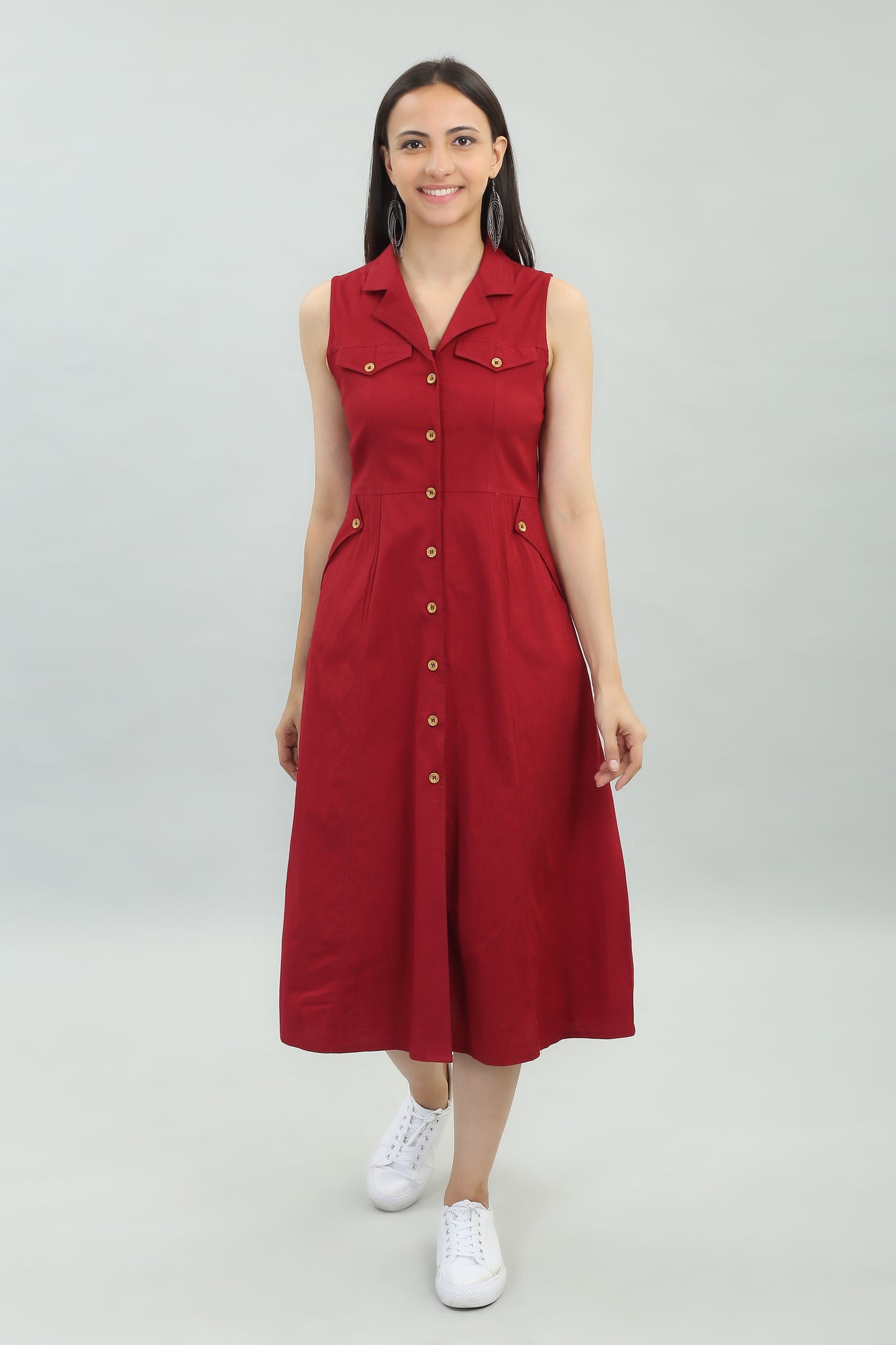 VAPPS Cotton Lycra Casual Wear Designer Long Western Dress -Red