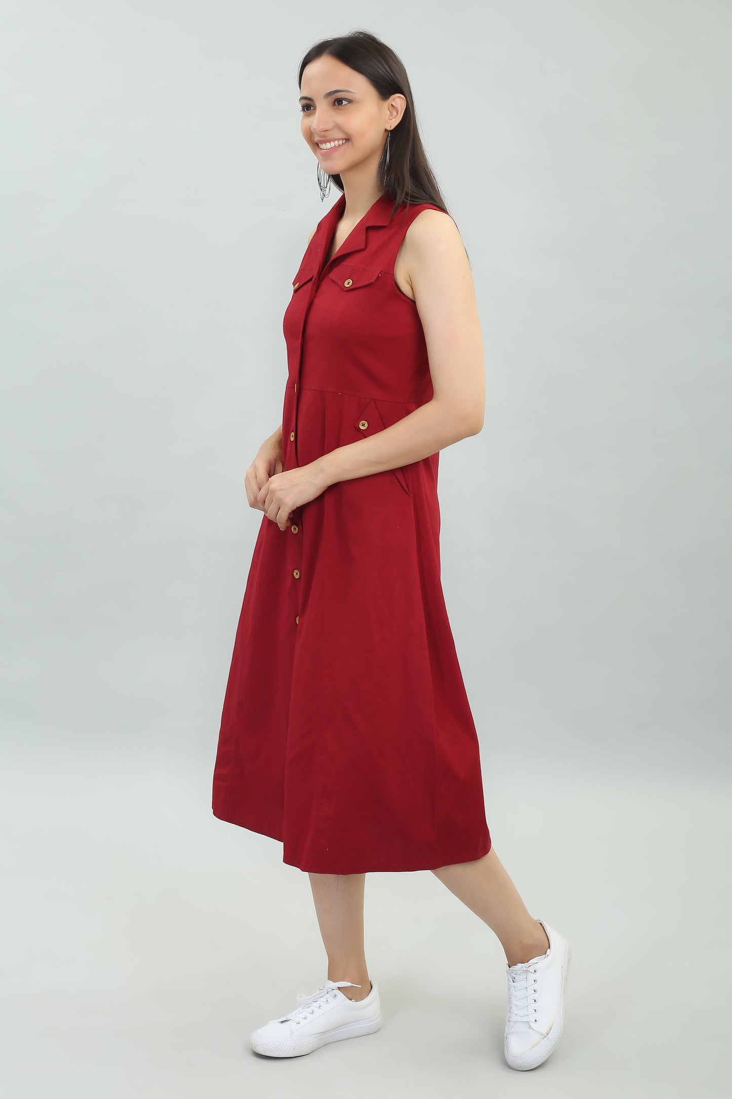 VAPPS Cotton Lycra Casual Wear Designer Long Western Dress -Red