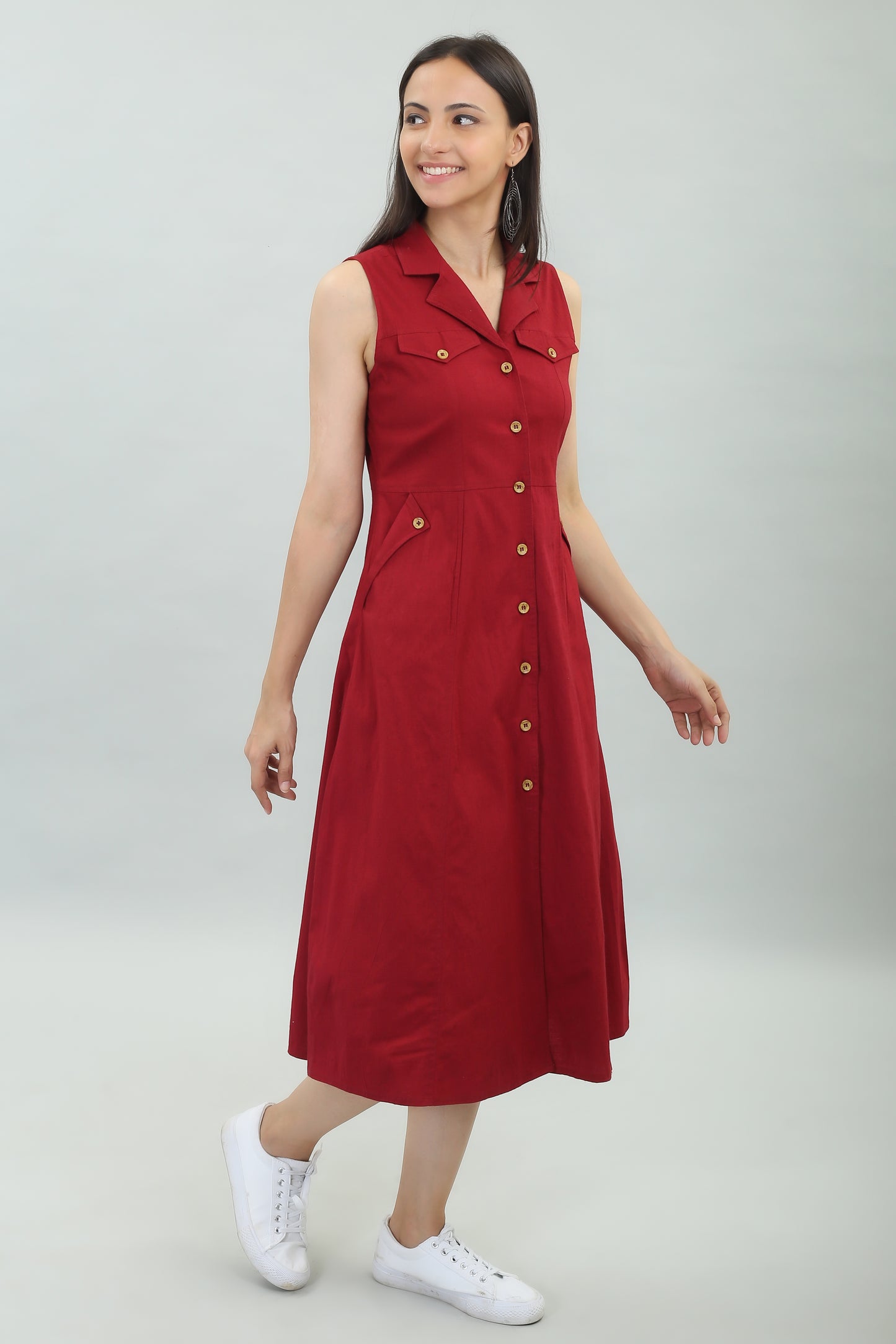 VAPPS Cotton Lycra Casual Wear Designer Long Western Dress -Red