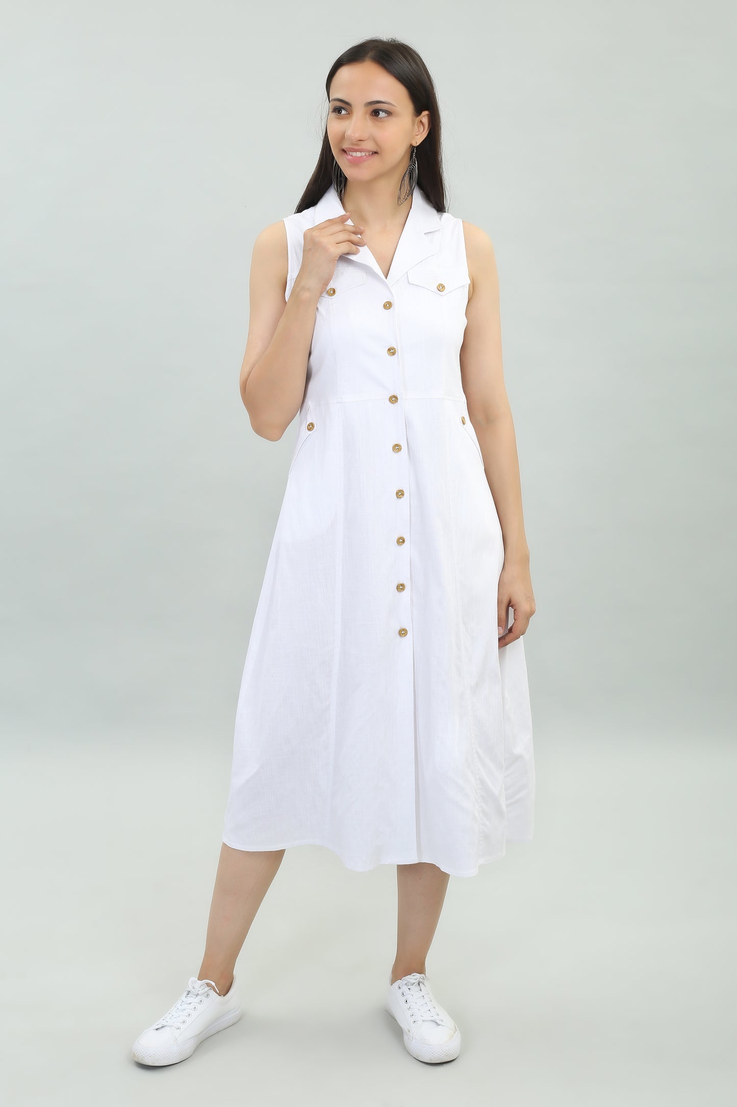 VAPPS Cotton Lycra Casual Wear Designer Long Western Dress -White