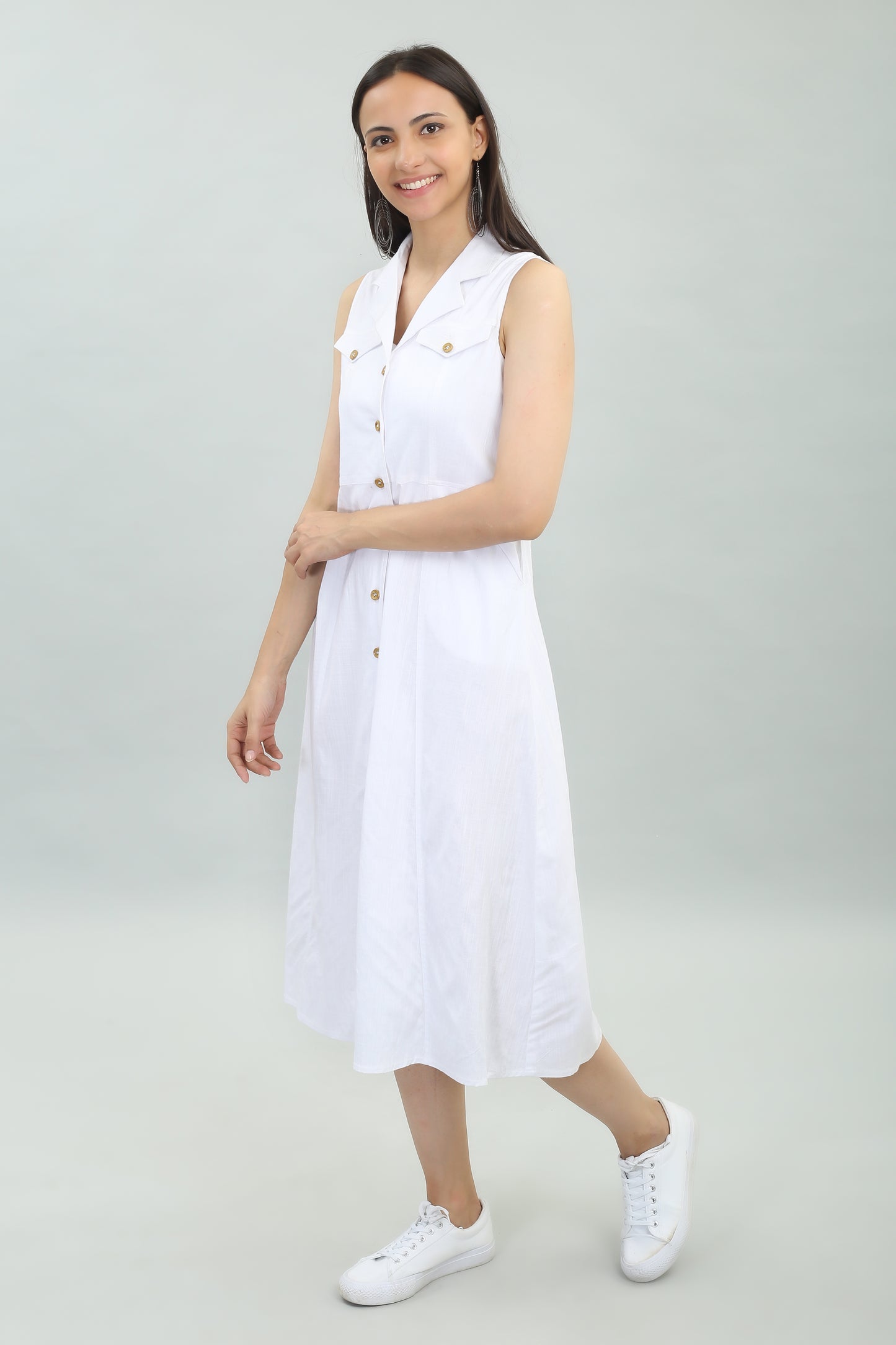 VAPPS Cotton Lycra Casual Wear Designer Long Western Dress -White