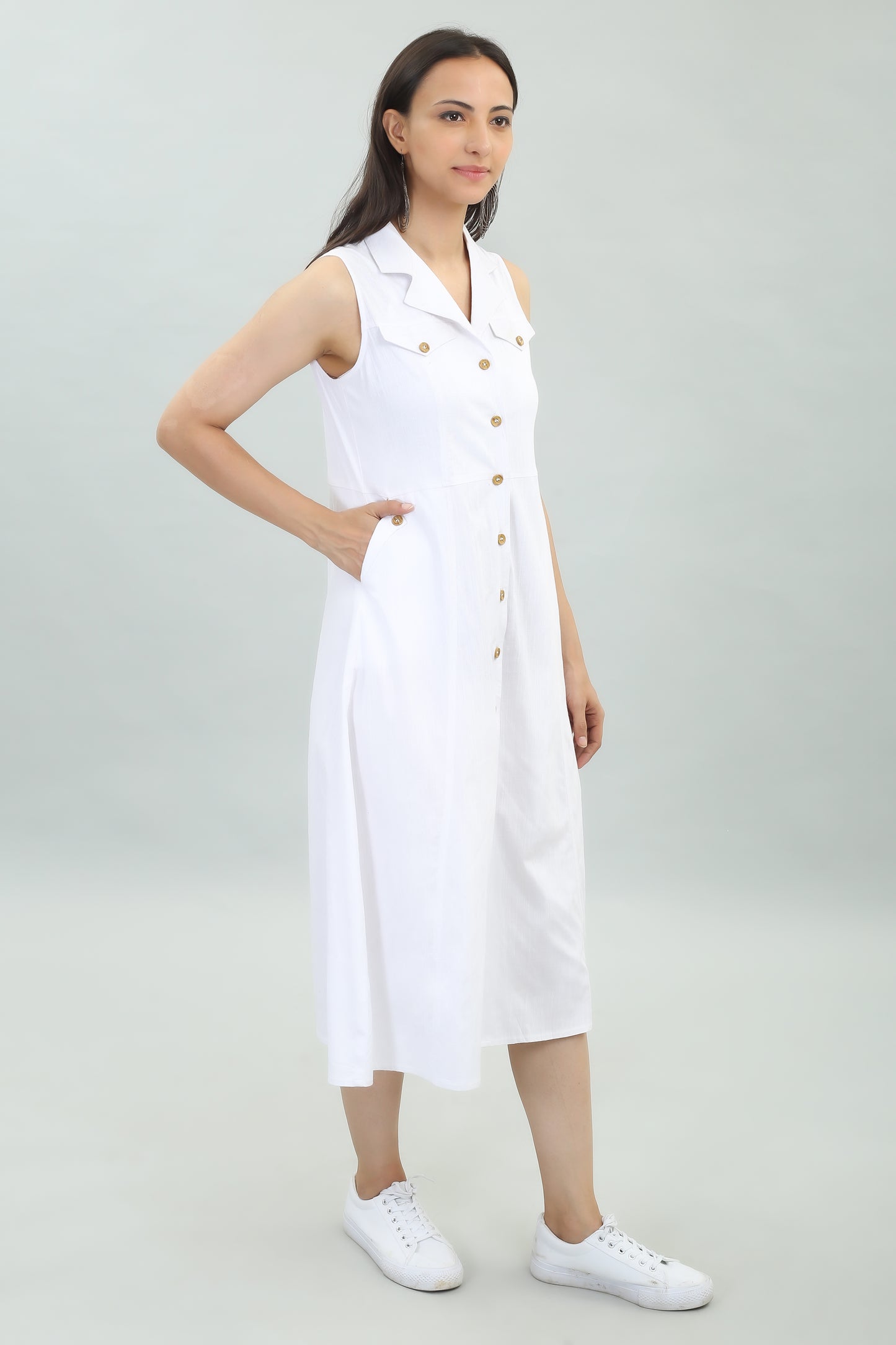 VAPPS Cotton Lycra Casual Wear Designer Long Western Dress -White