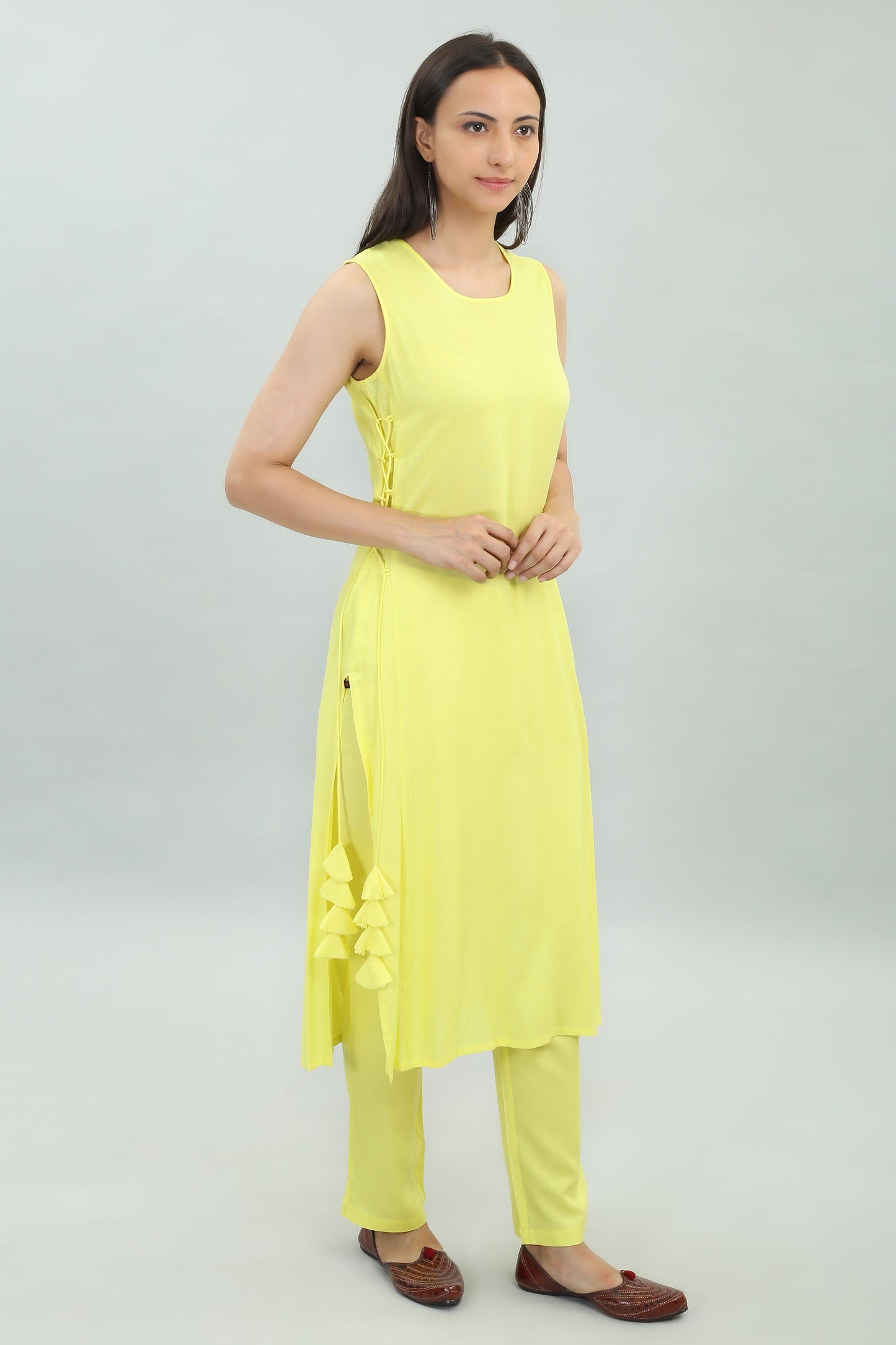 VAPPS Printed Rayon Kurta and Pant Set -  Yellow